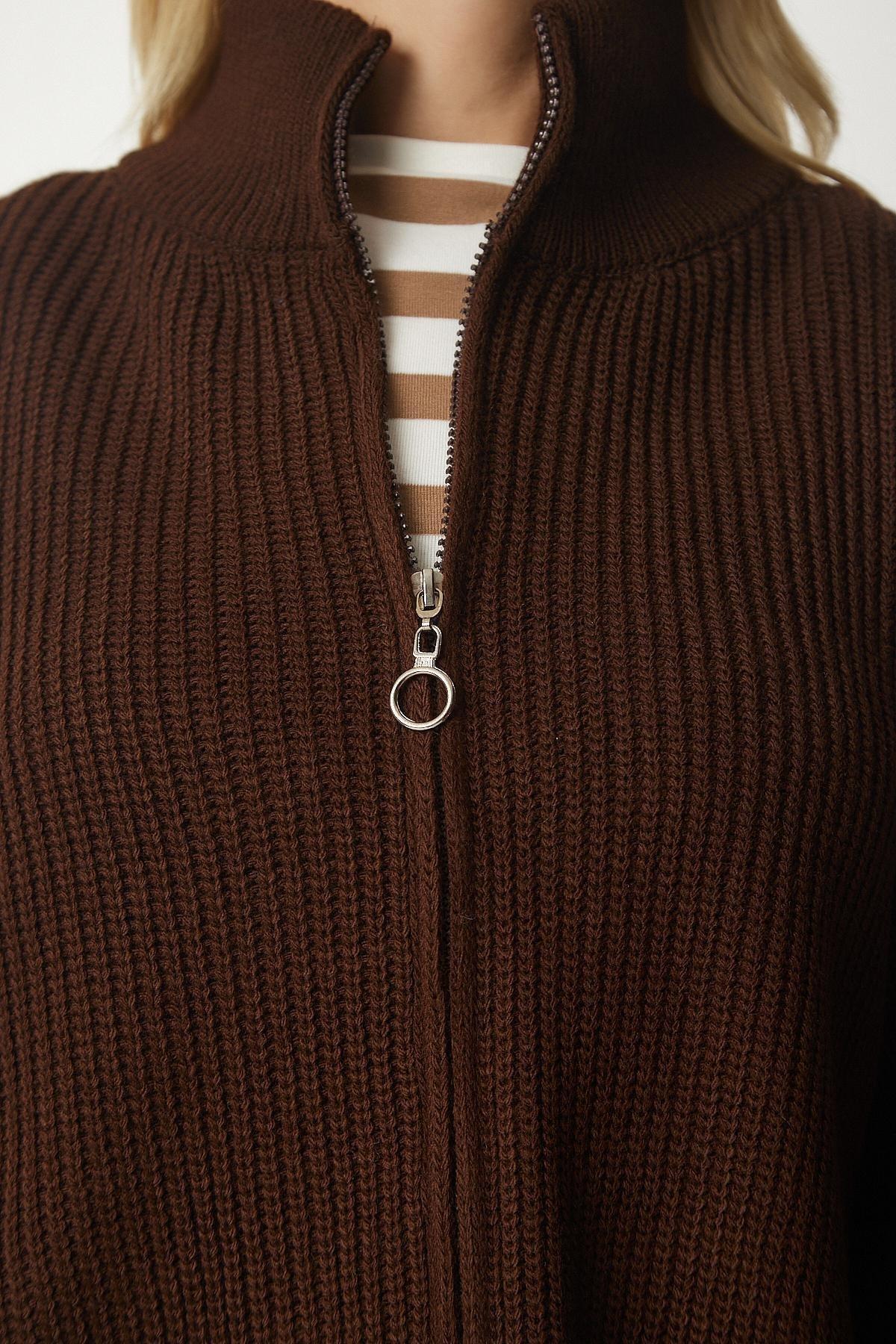 Brown Zippered Knitwear Cardigan, Brown, large image number 3