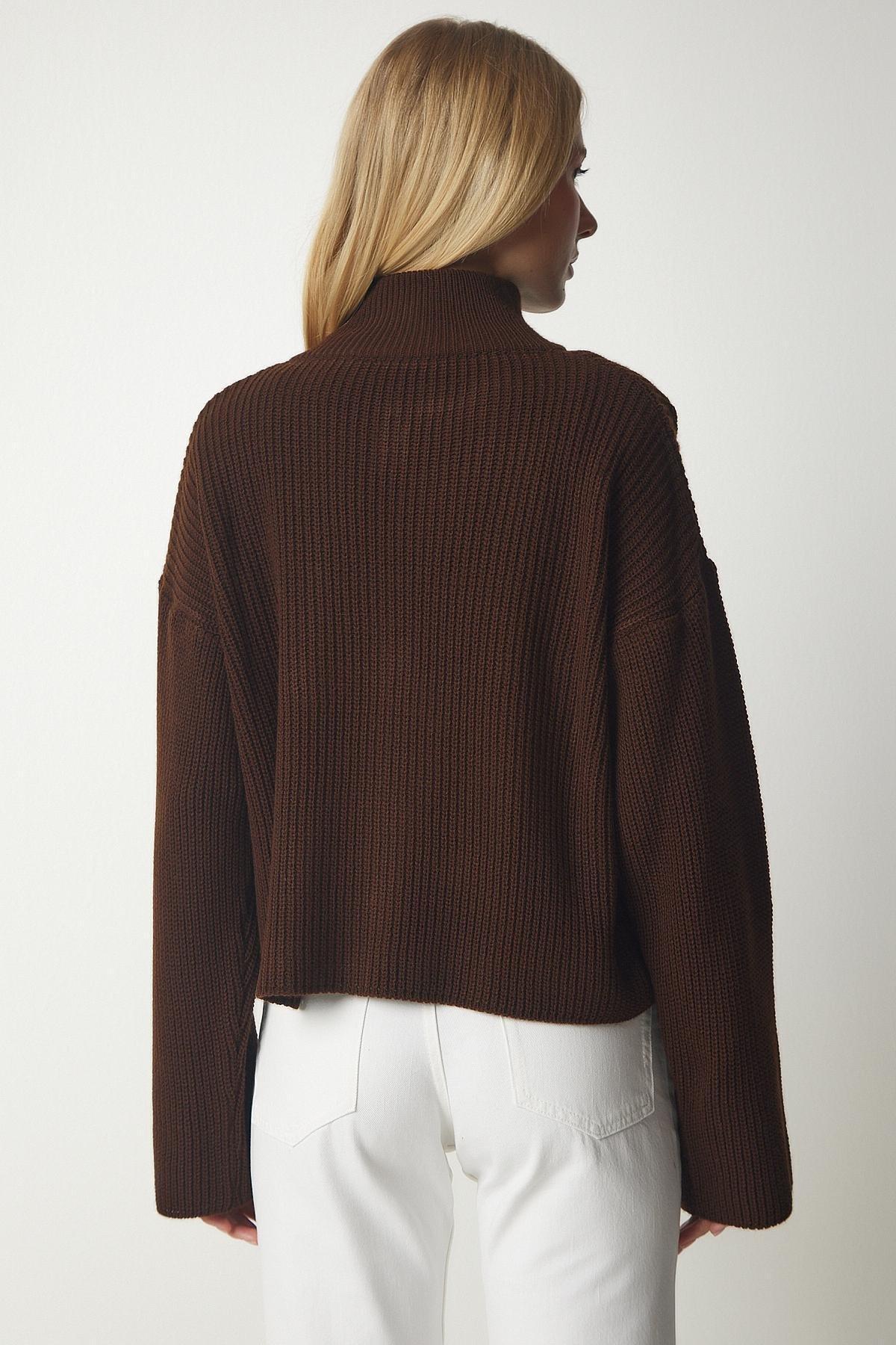 Brown Zippered Knitwear Cardigan, Brown, large image number 4