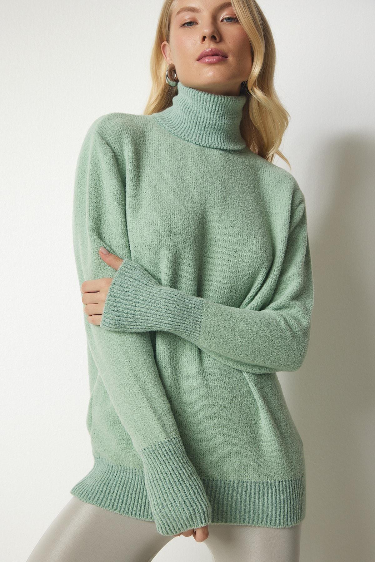 Happiness Istanbul - Green Turtleneck Soft Textured Knitwear Sweater