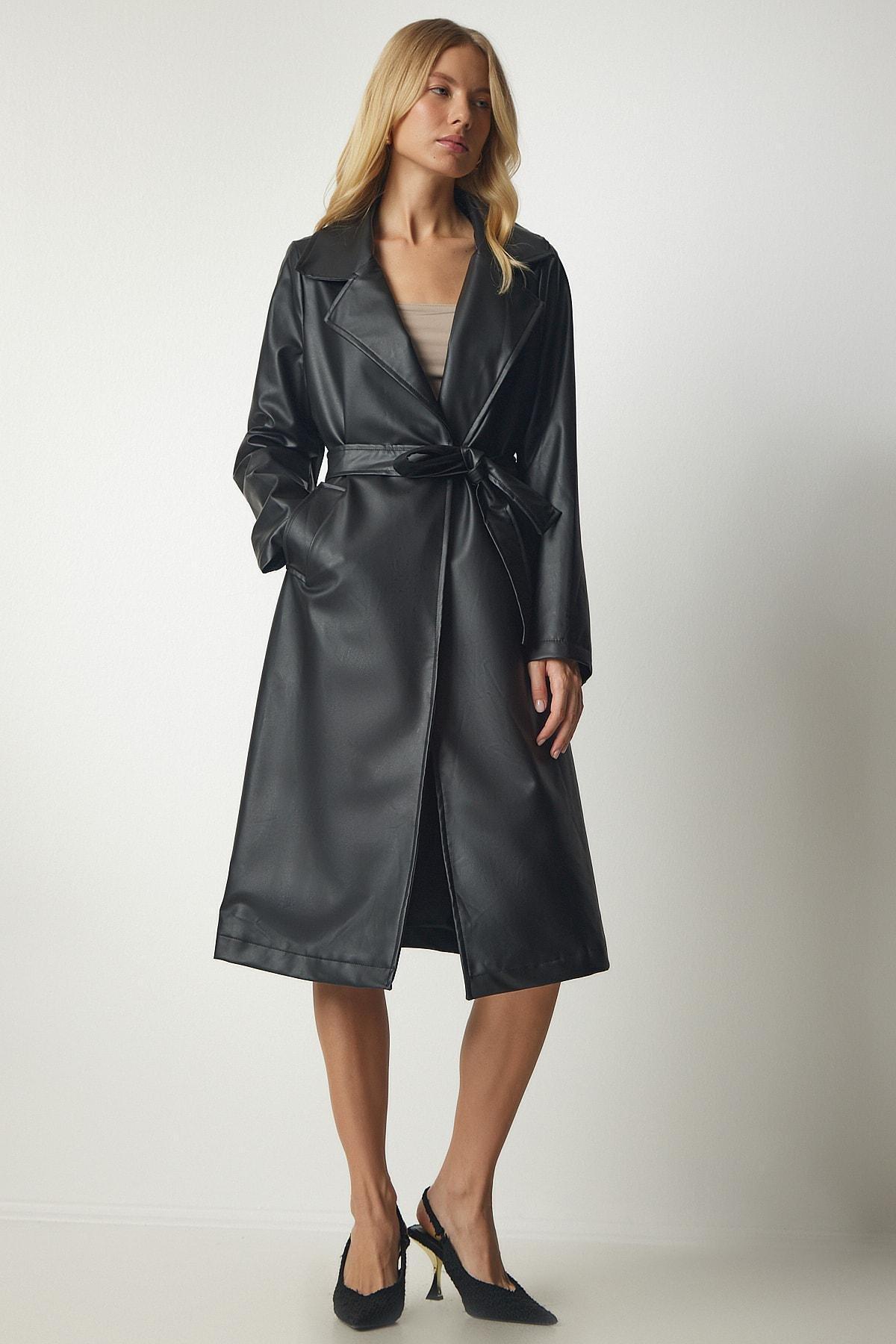 Black Belted Faux Leather Coat, , large image number 0