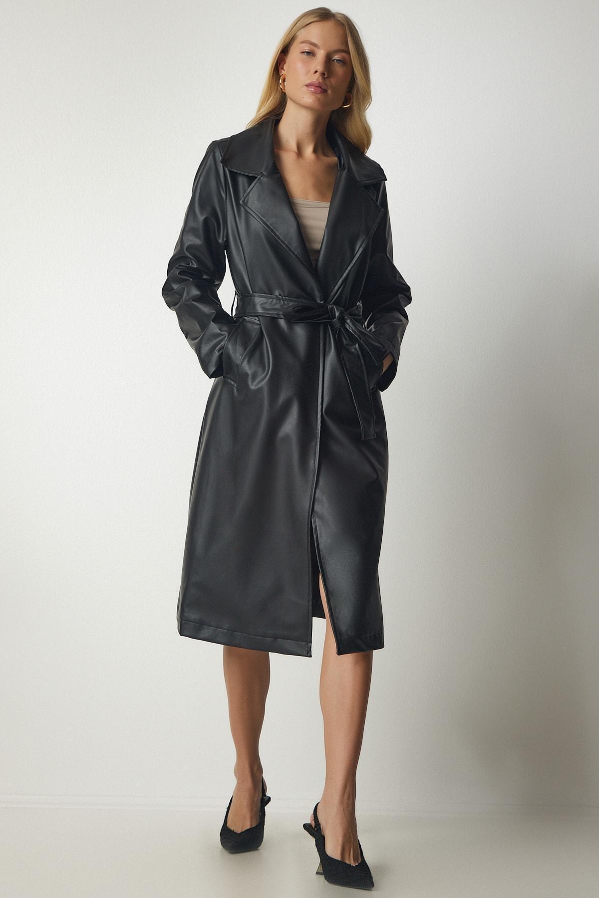 Black Belted Faux Leather Coat, , large image number 1