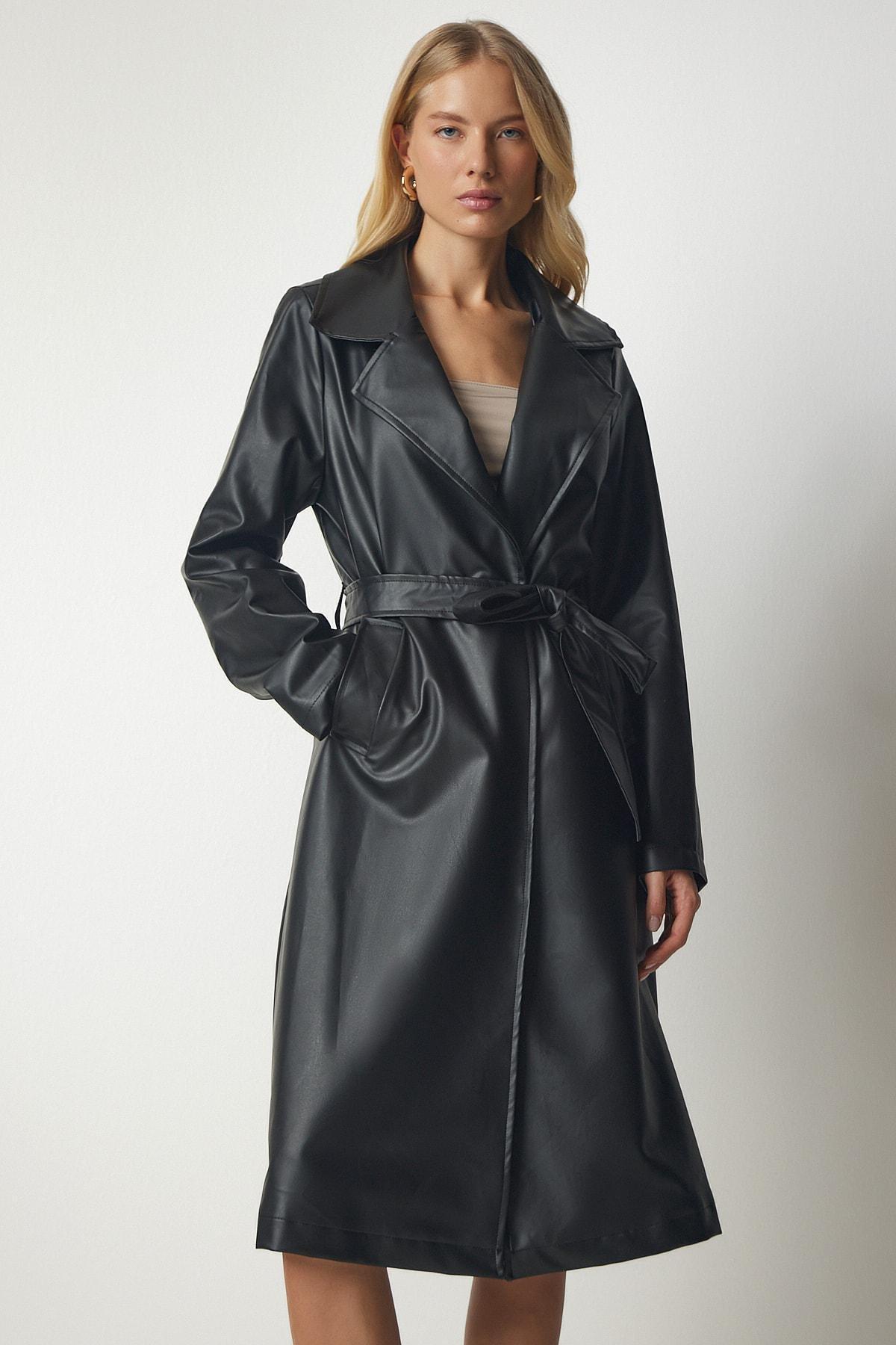Black Belted Faux Leather Coat, , large image number 2