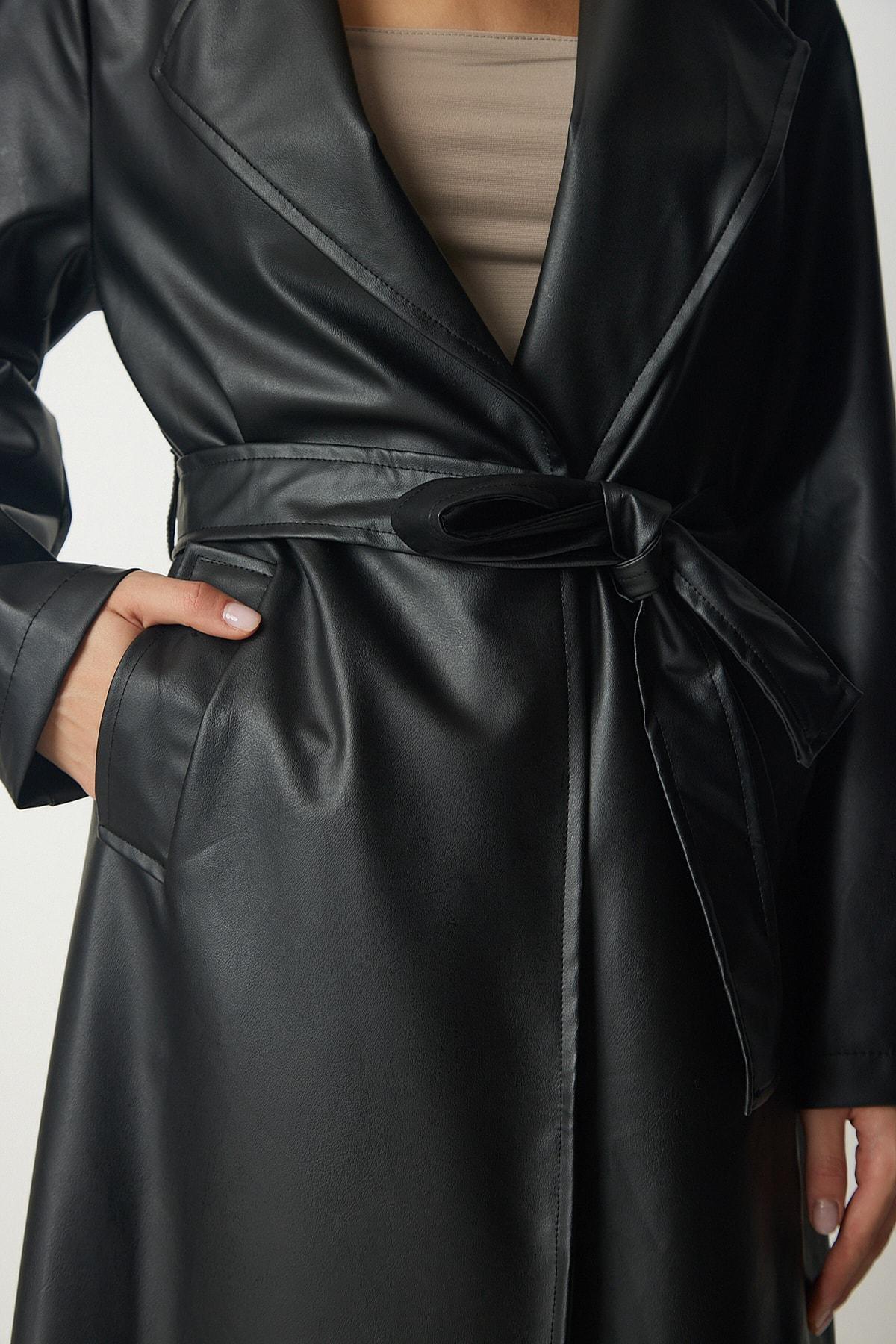 Black Belted Faux Leather Coat, , large image number 4