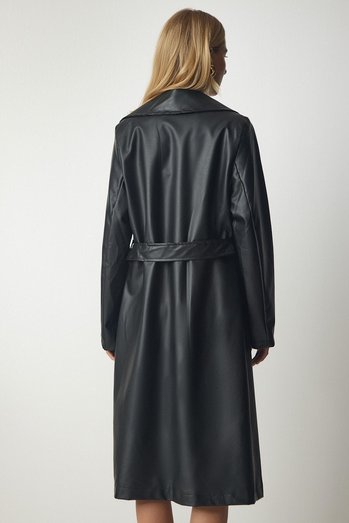 Black Belted Faux Leather Coat, , large image number 5