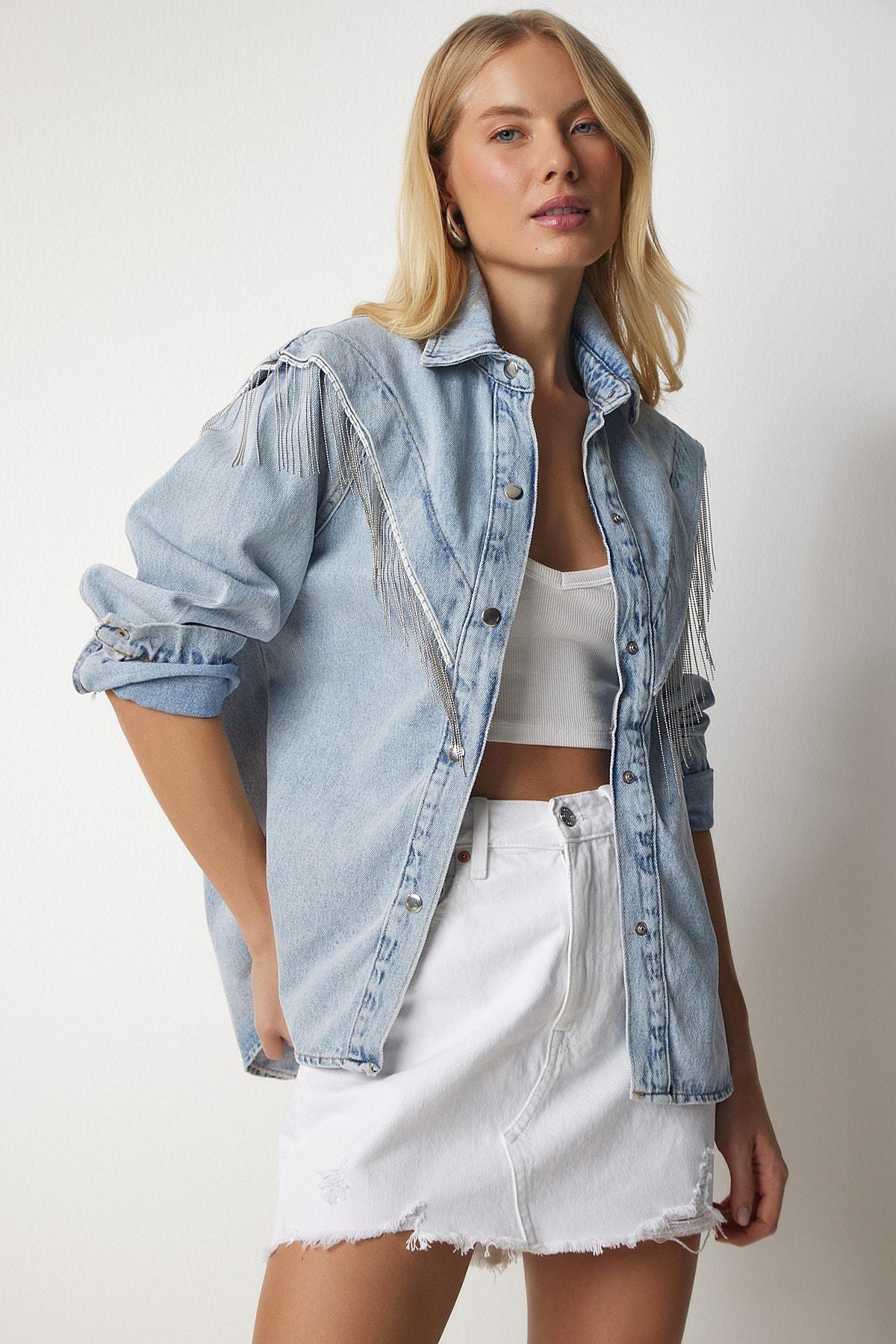 Blue Chain Detailed Denim Shirt Jacket, , large image number 0