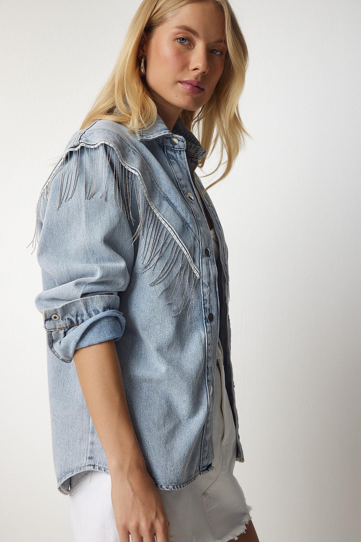 Blue Chain Detailed Denim Shirt Jacket, , large image number 2