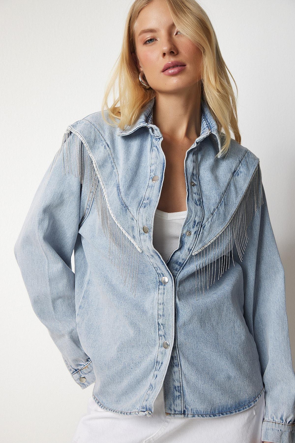 Blue Chain Detailed Denim Shirt Jacket, , large image number 4