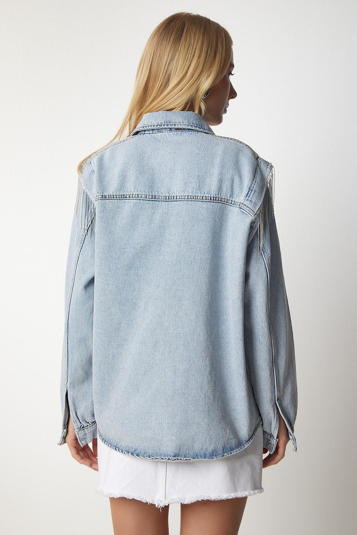 Blue Chain Detailed Denim Shirt Jacket, , large image number 5