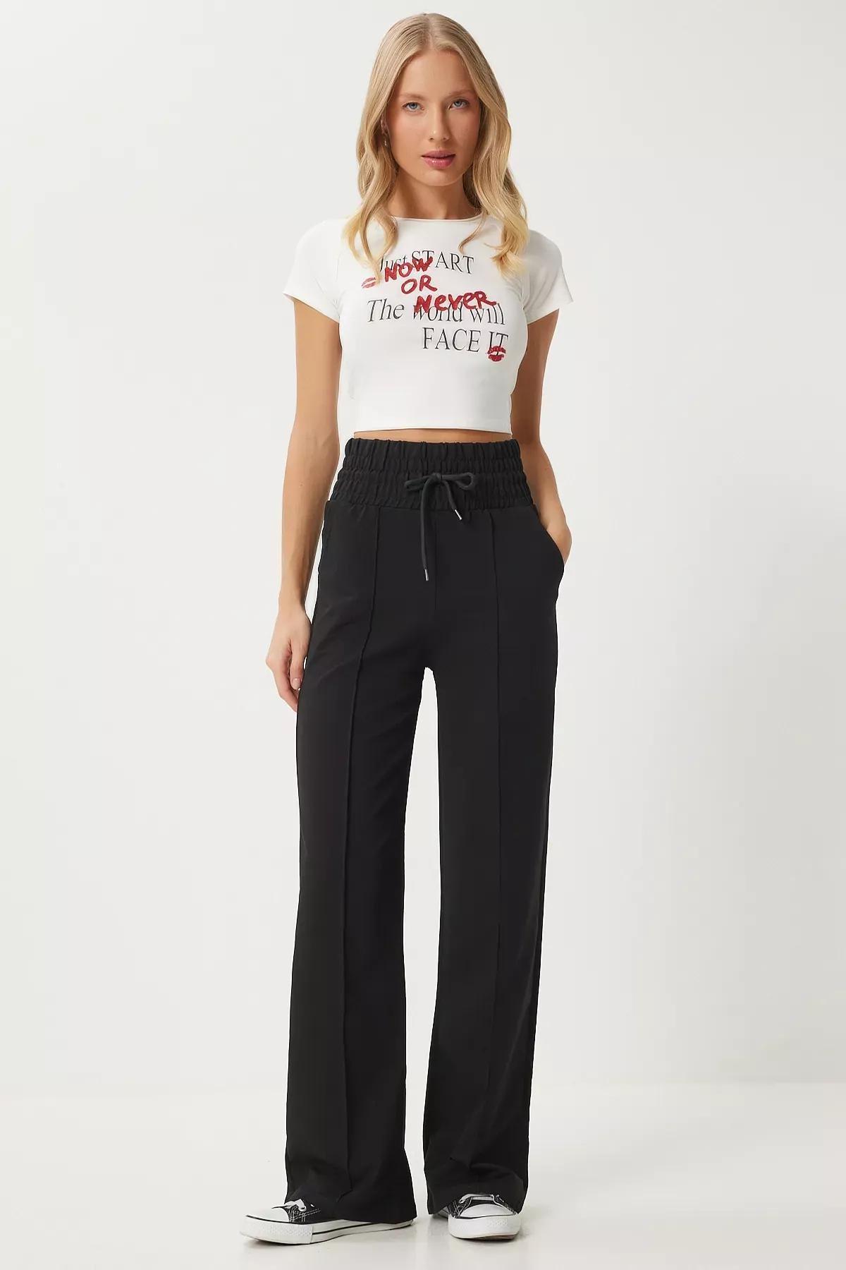 Black Basic Knitted Sweatpants, BLACK, medium