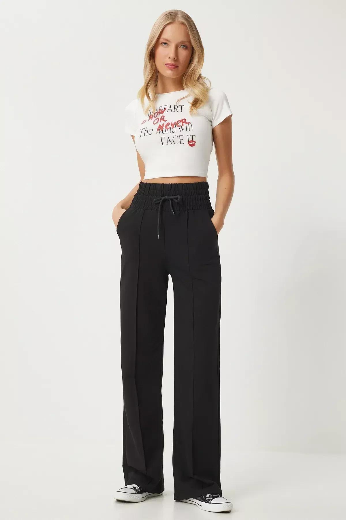 Black Basic Knitted Sweatpants, BLACK, medium