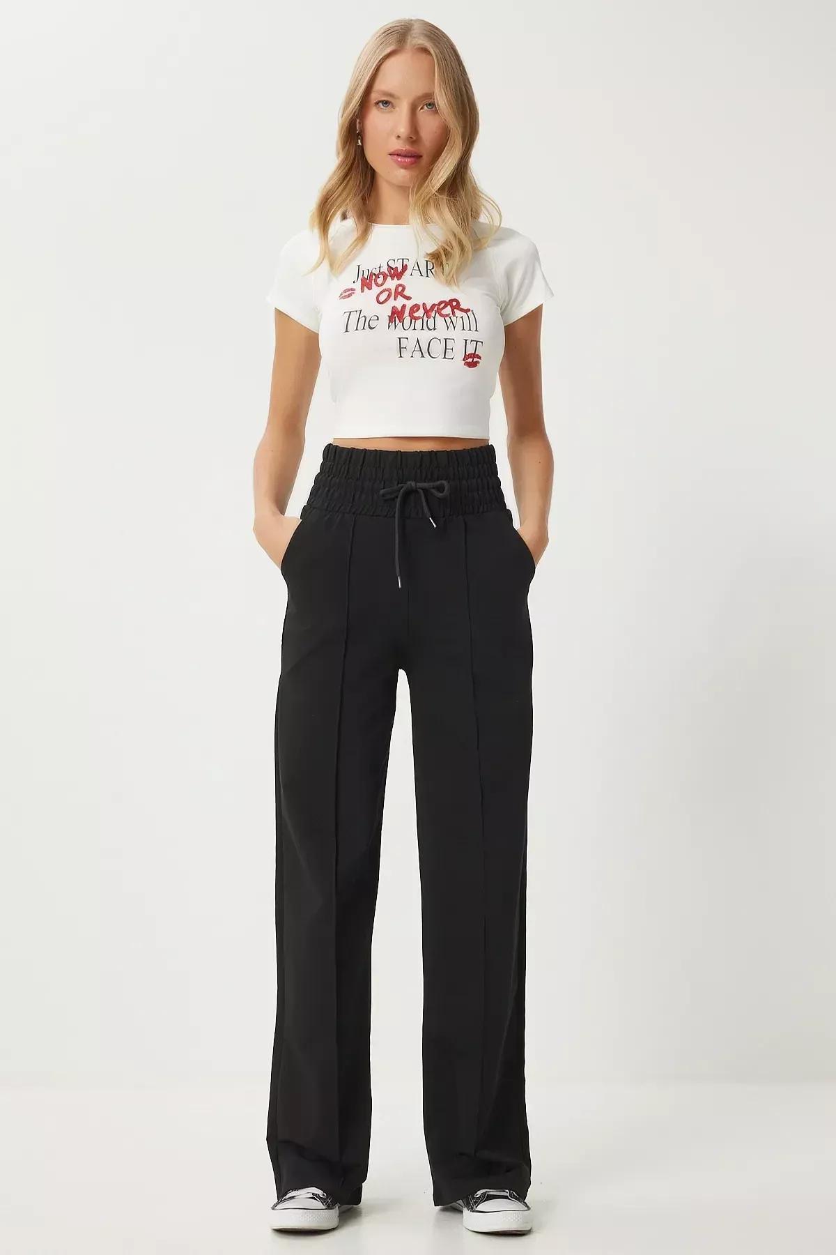 Black Basic Knitted Sweatpants, BLACK, medium