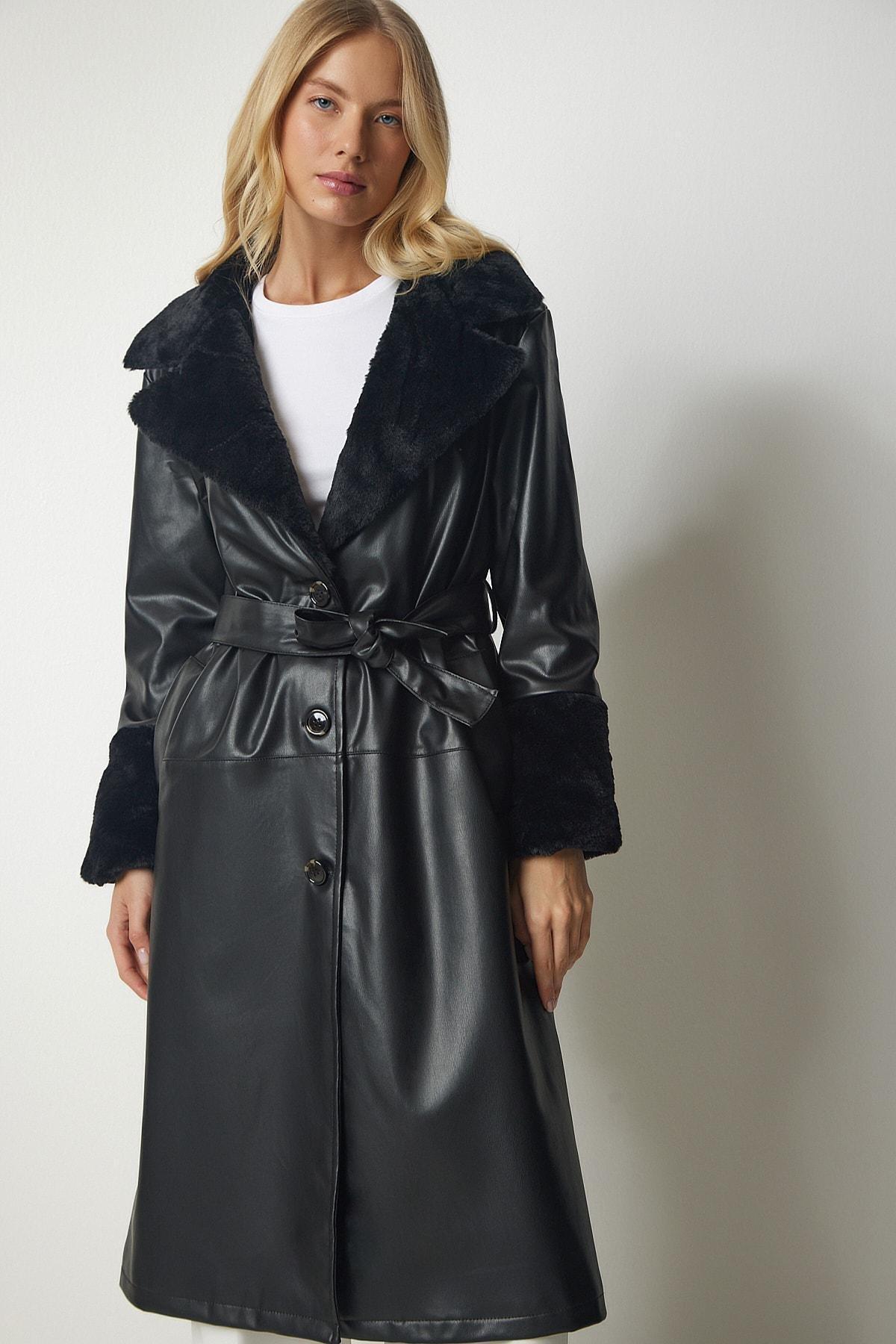 Black Fur Collar Faux Leather Coat, , large image number 1
