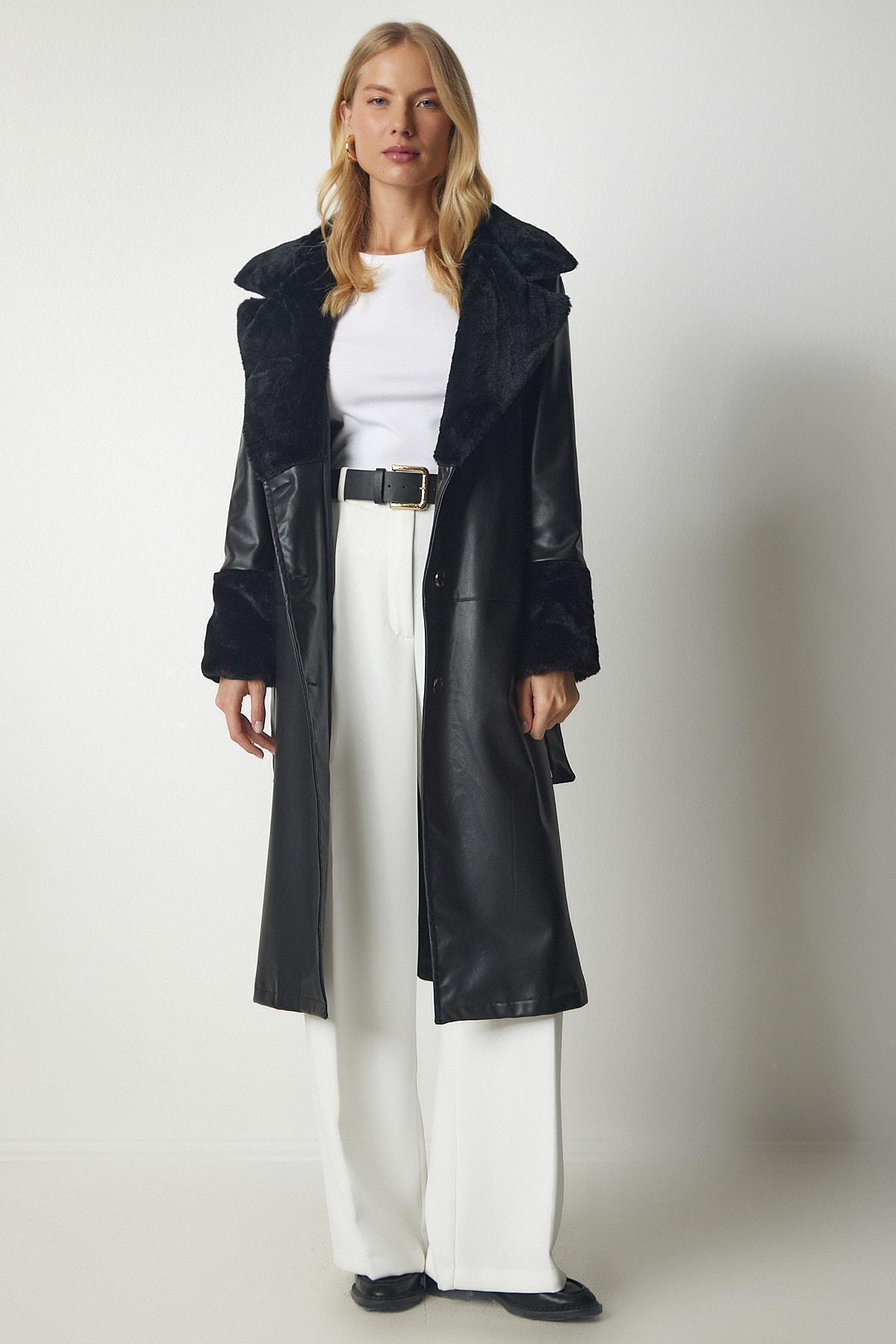 Black Fur Collar Faux Leather Coat, , large image number 2