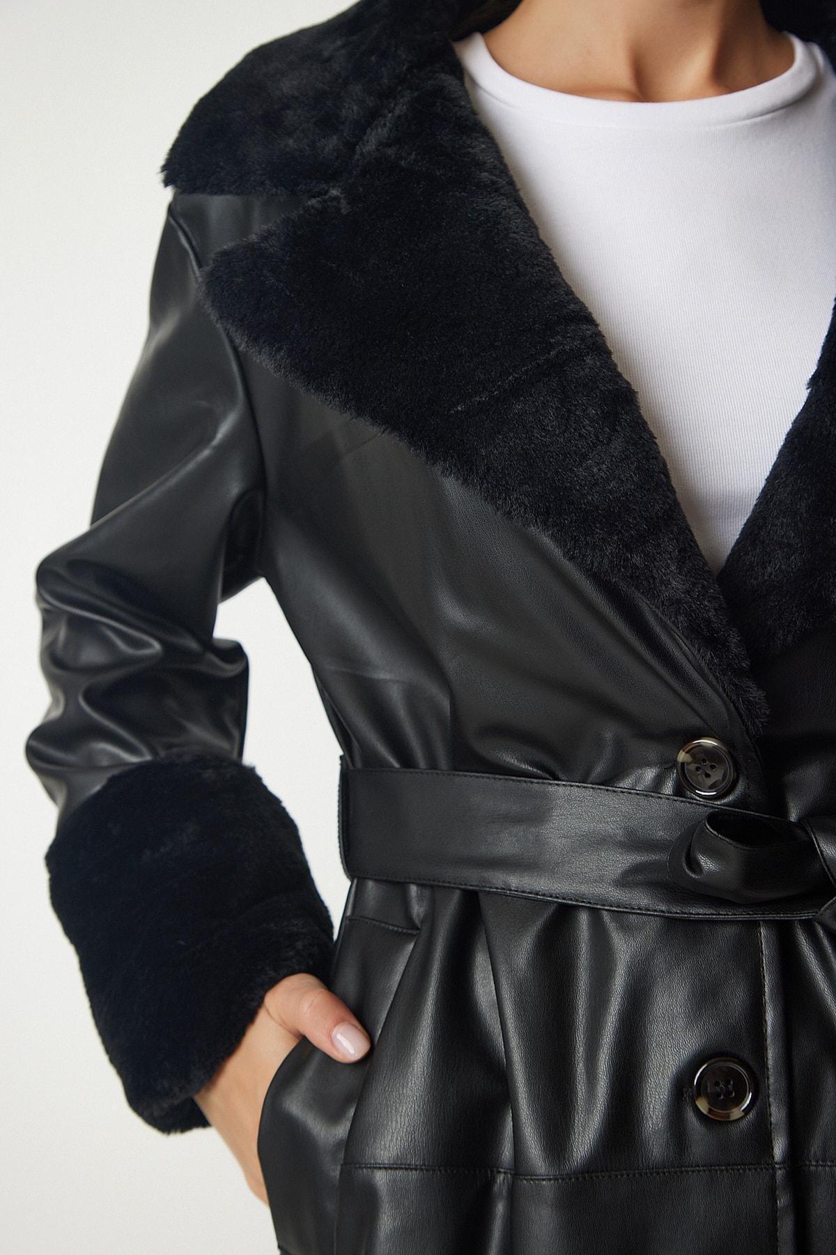Black Fur Collar Faux Leather Coat, , large image number 3