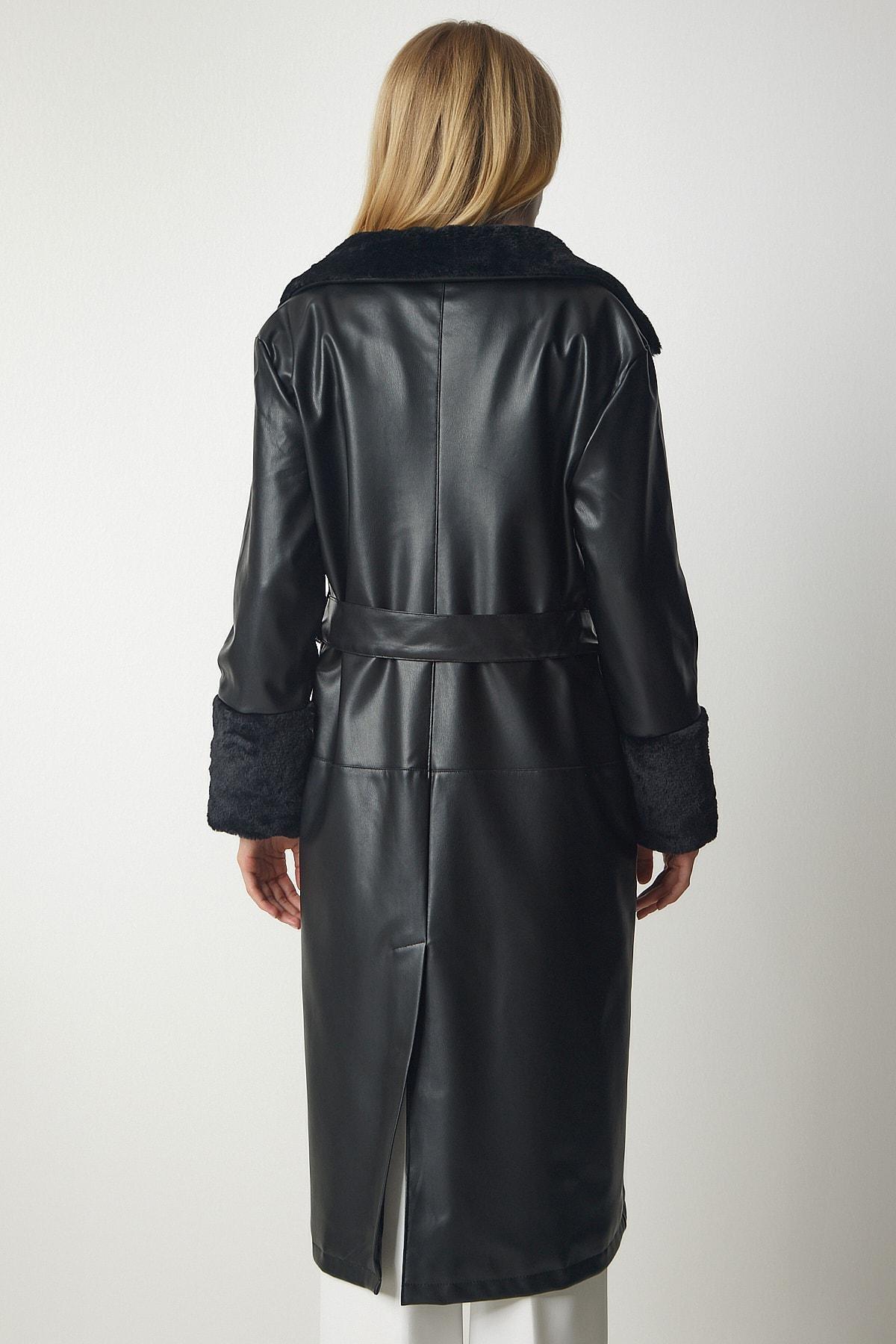 Black Fur Collar Faux Leather Coat, , large image number 4