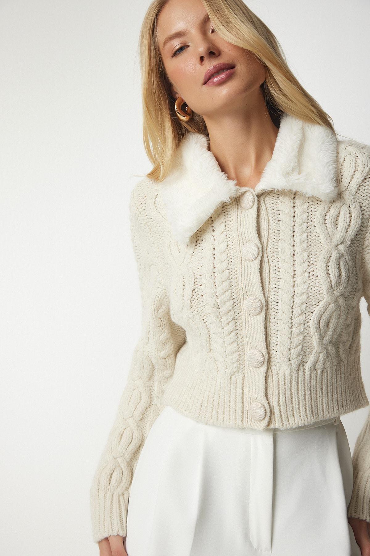 Cream Shearling Collar Patterned Knitwear Cardigan, Cream, large image number 0