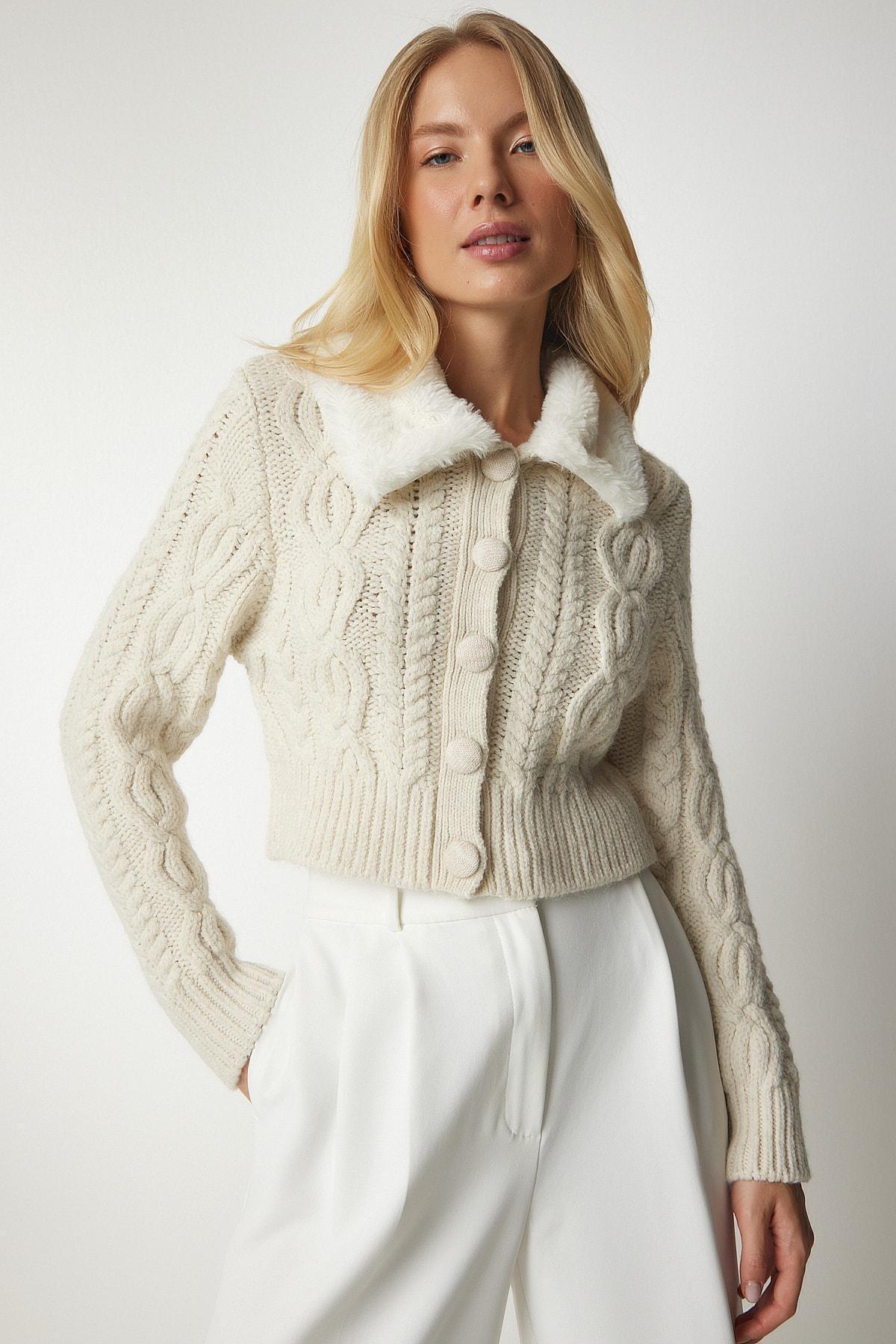 Cream Shearling Collar Patterned Knitwear Cardigan, Cream, large image number 1