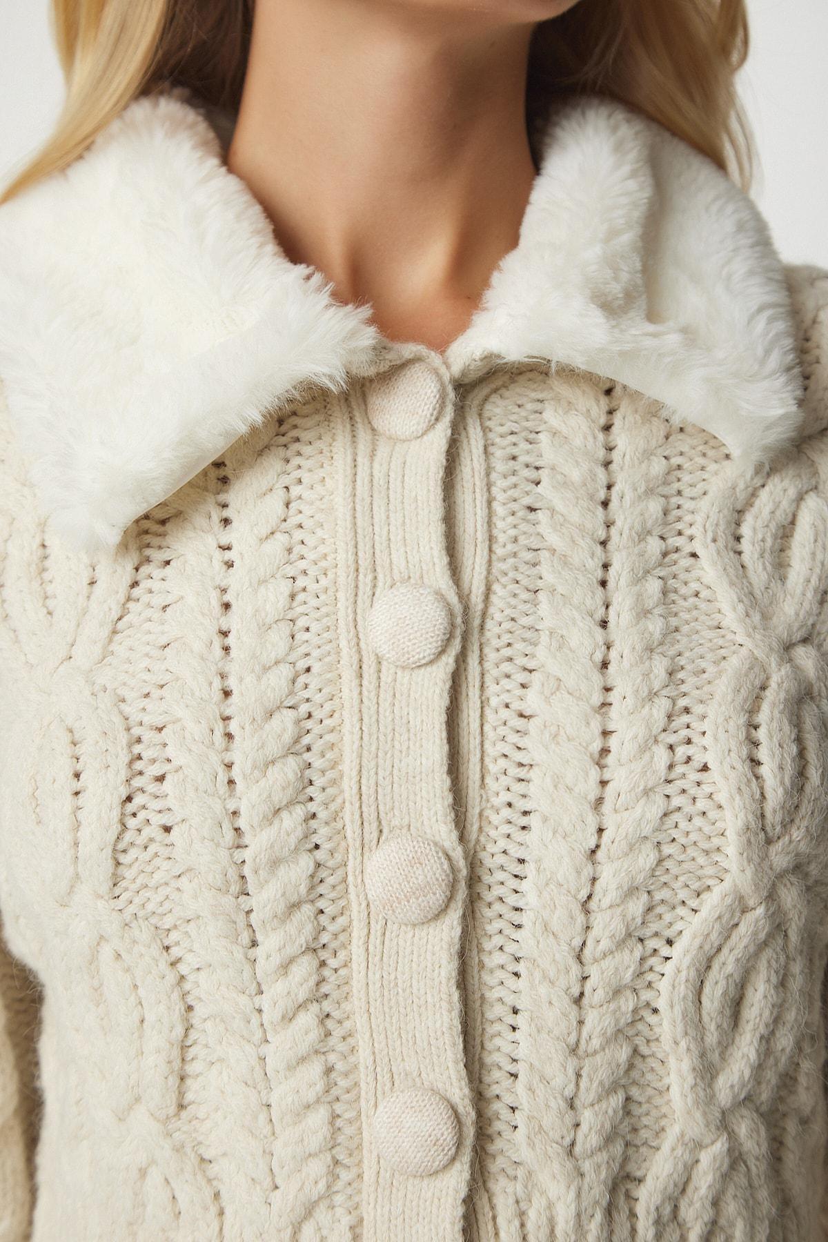 Cream Shearling Collar Patterned Knitwear Cardigan, Cream, large image number 2