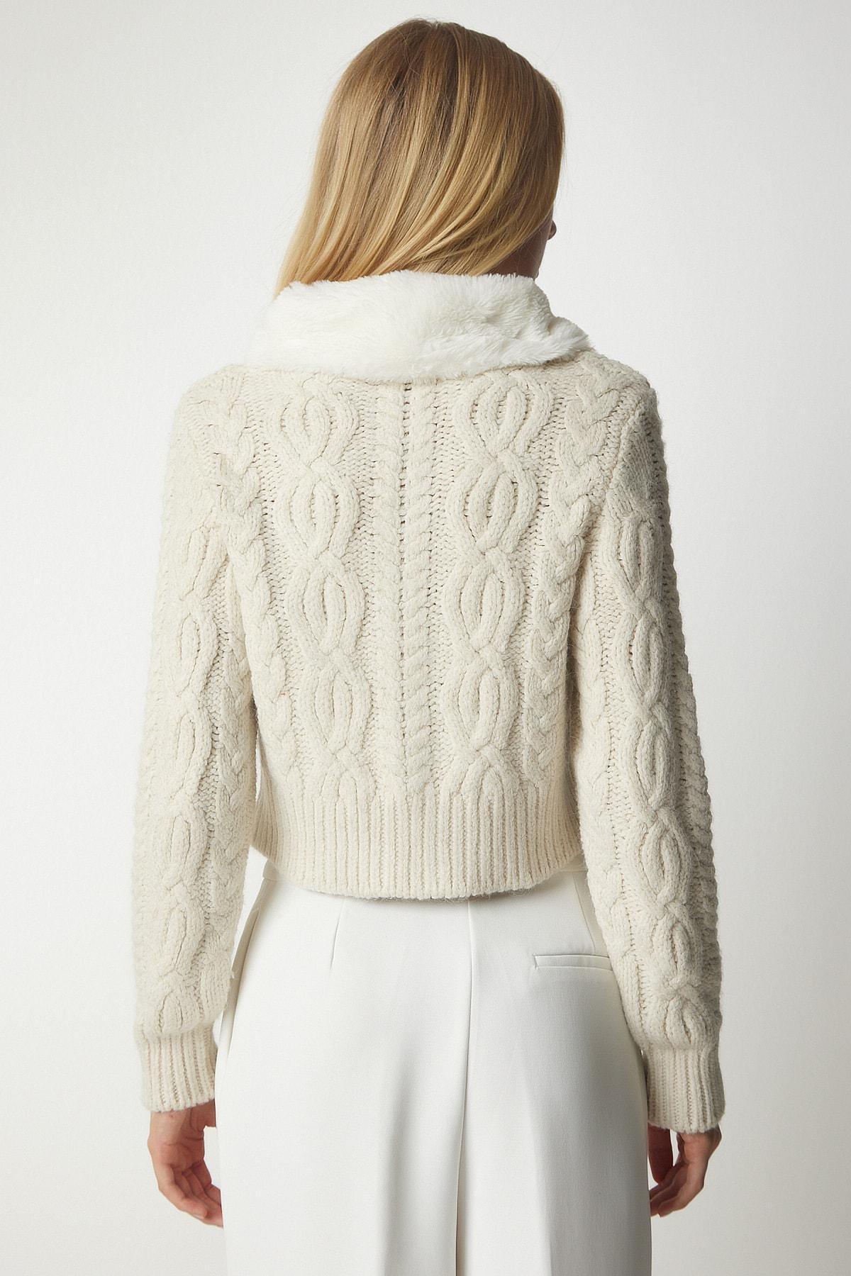 Cream Shearling Collar Patterned Knitwear Cardigan, Cream, large image number 3
