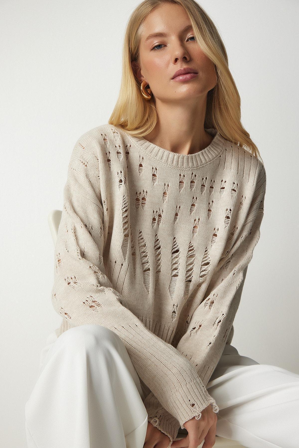 Beige Torn Detailed Knitwear Sweater, Beige, large image number 0