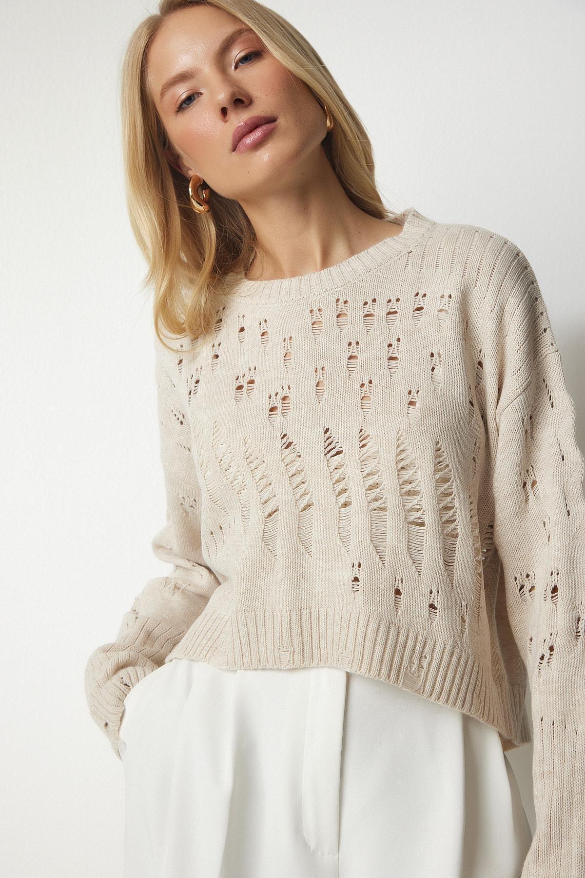 Beige Torn Detailed Knitwear Sweater, Beige, large image number 1