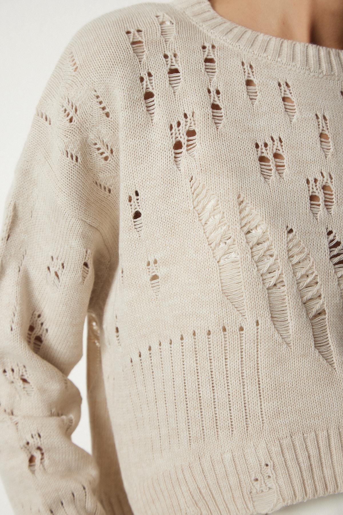 Beige Torn Detailed Knitwear Sweater, Beige, large image number 2