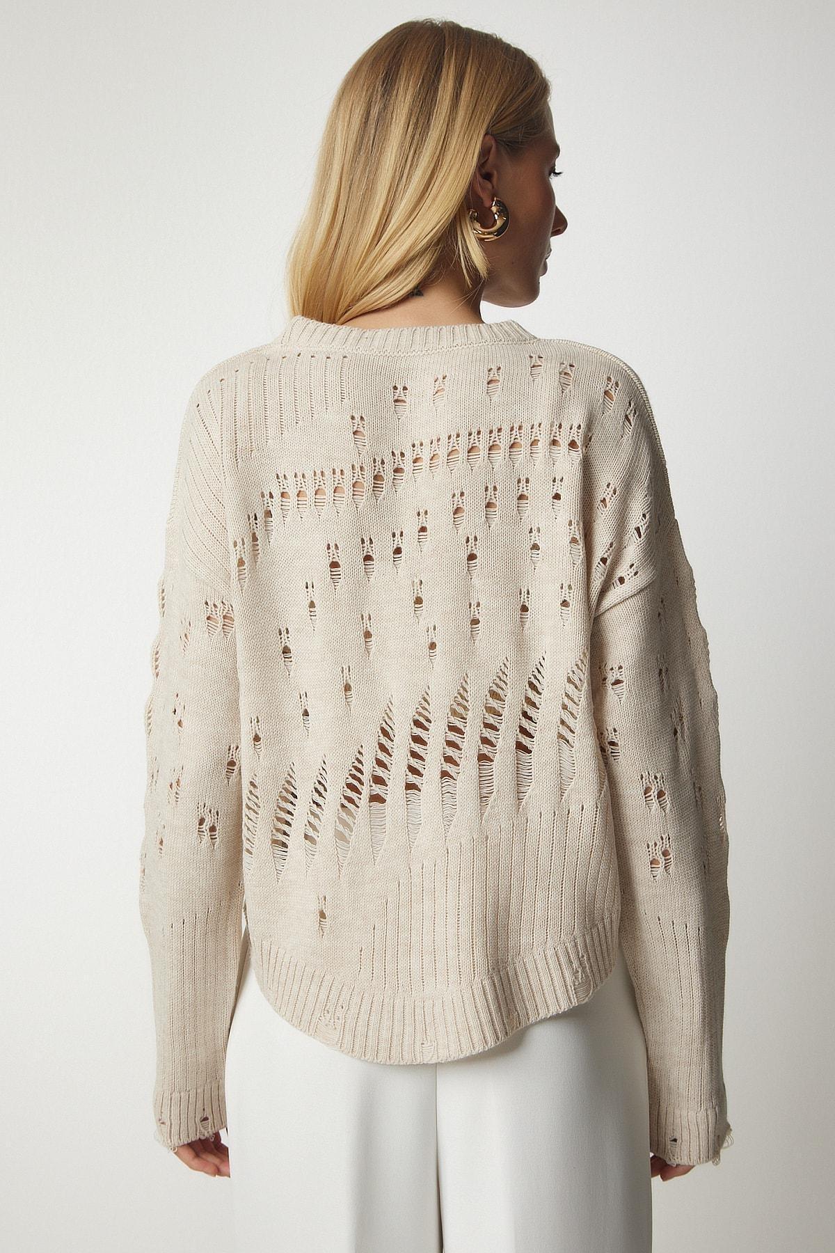 Beige Torn Detailed Knitwear Sweater, Beige, large image number 3