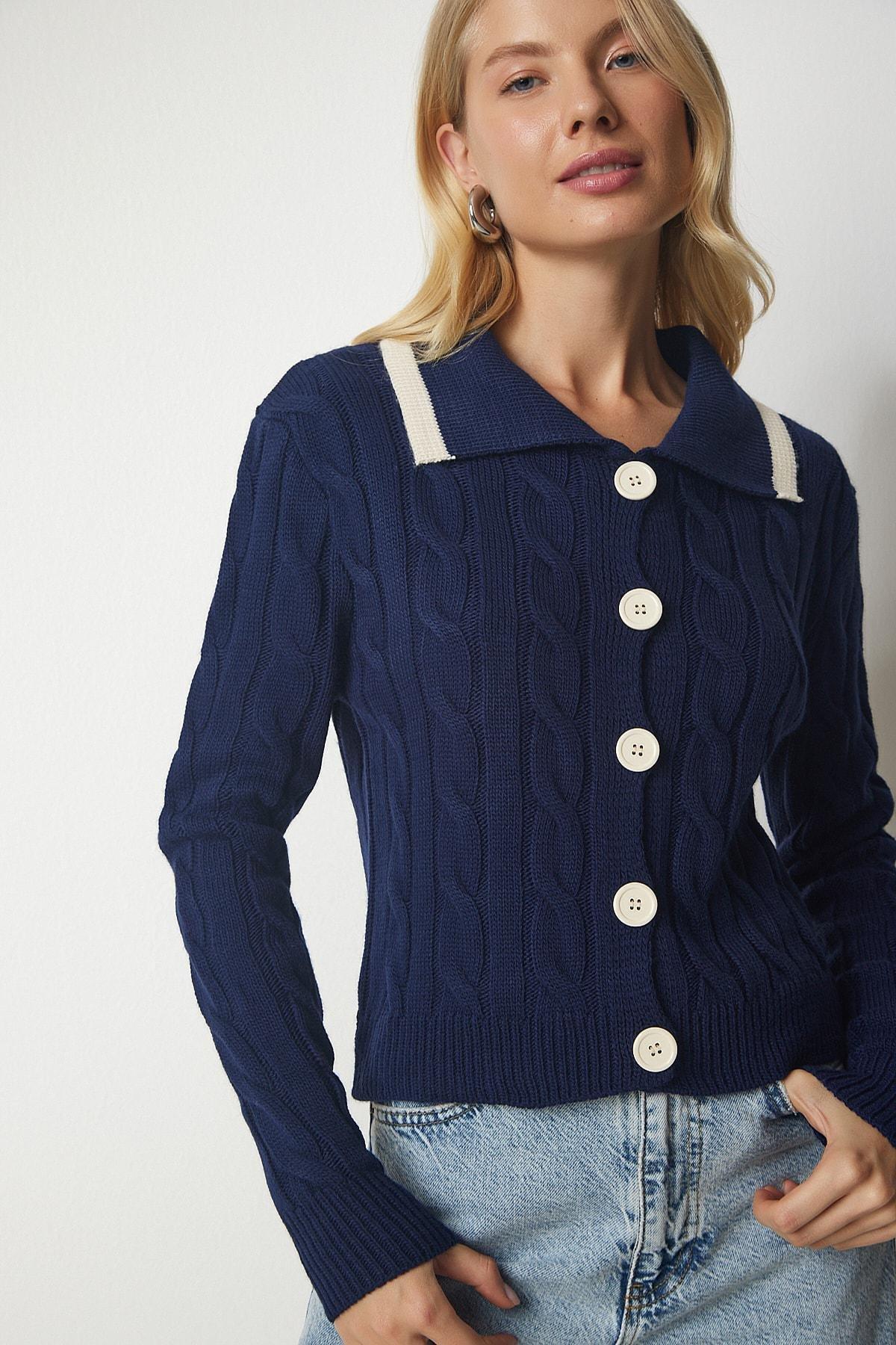 Blue Knitted Patterned Knitwear Cardigan With Buttons, Navy blue, large image number 2