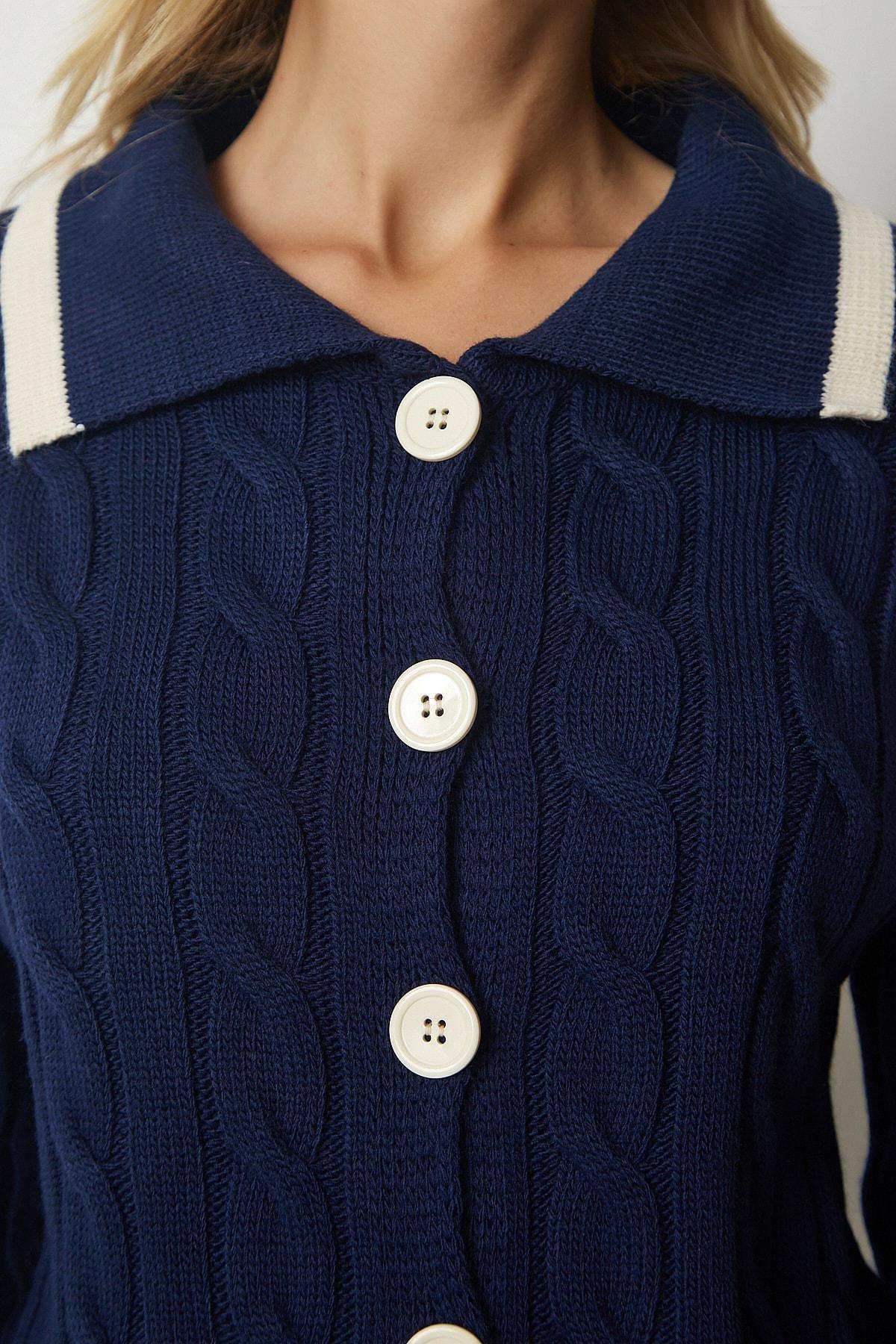 Blue Knitted Patterned Knitwear Cardigan With Buttons, Navy blue, large image number 3