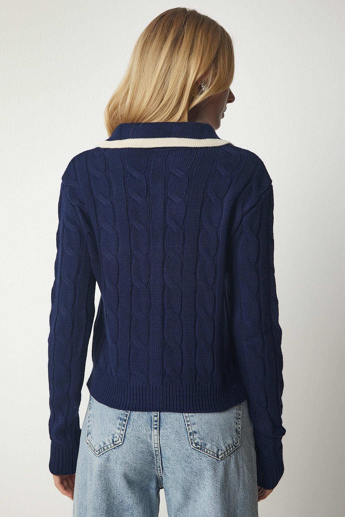 Blue Knitted Patterned Knitwear Cardigan With Buttons, Navy blue, large image number 4