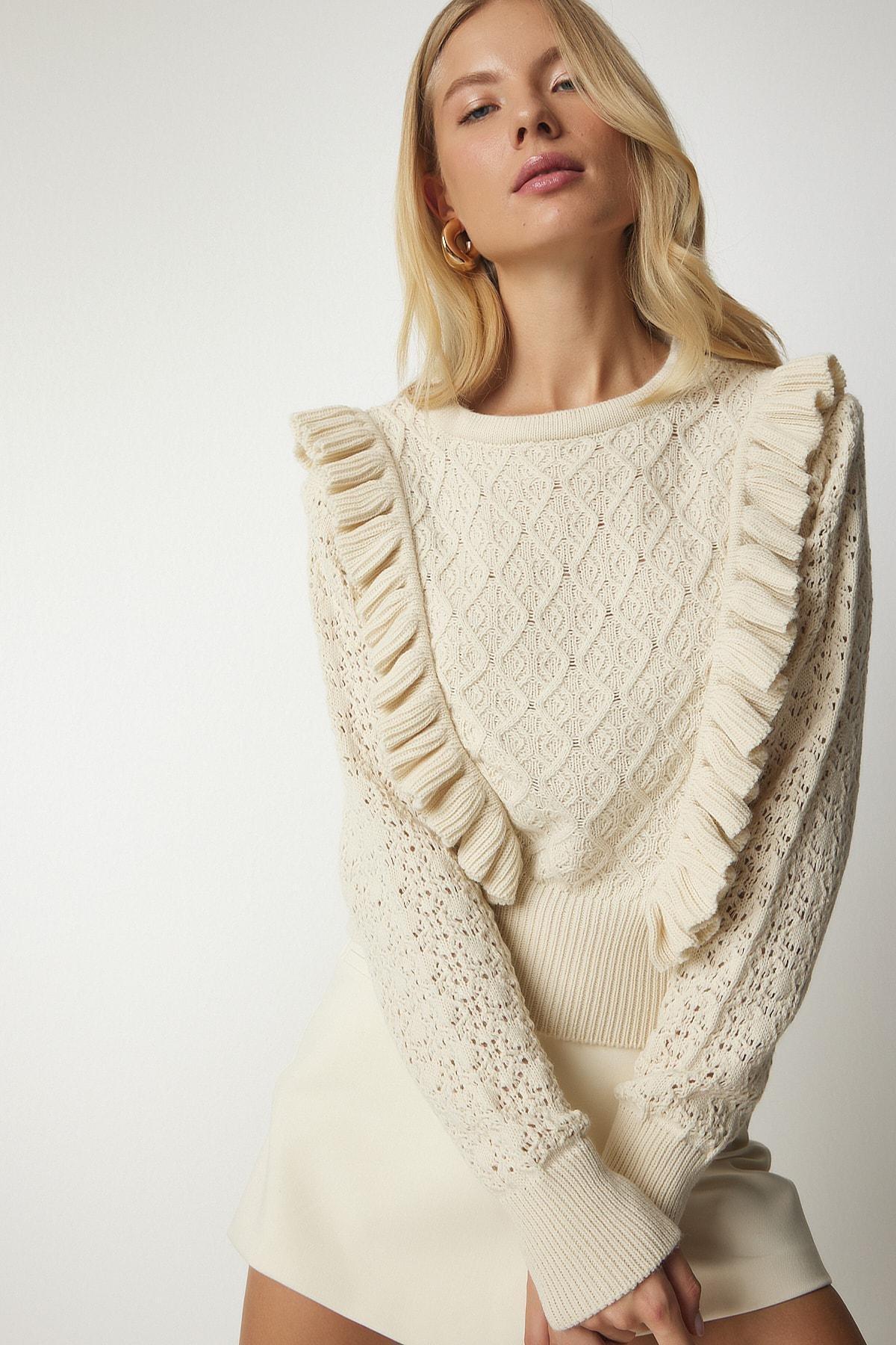 Cream Openwork Frill Detailed Sweater, , medium