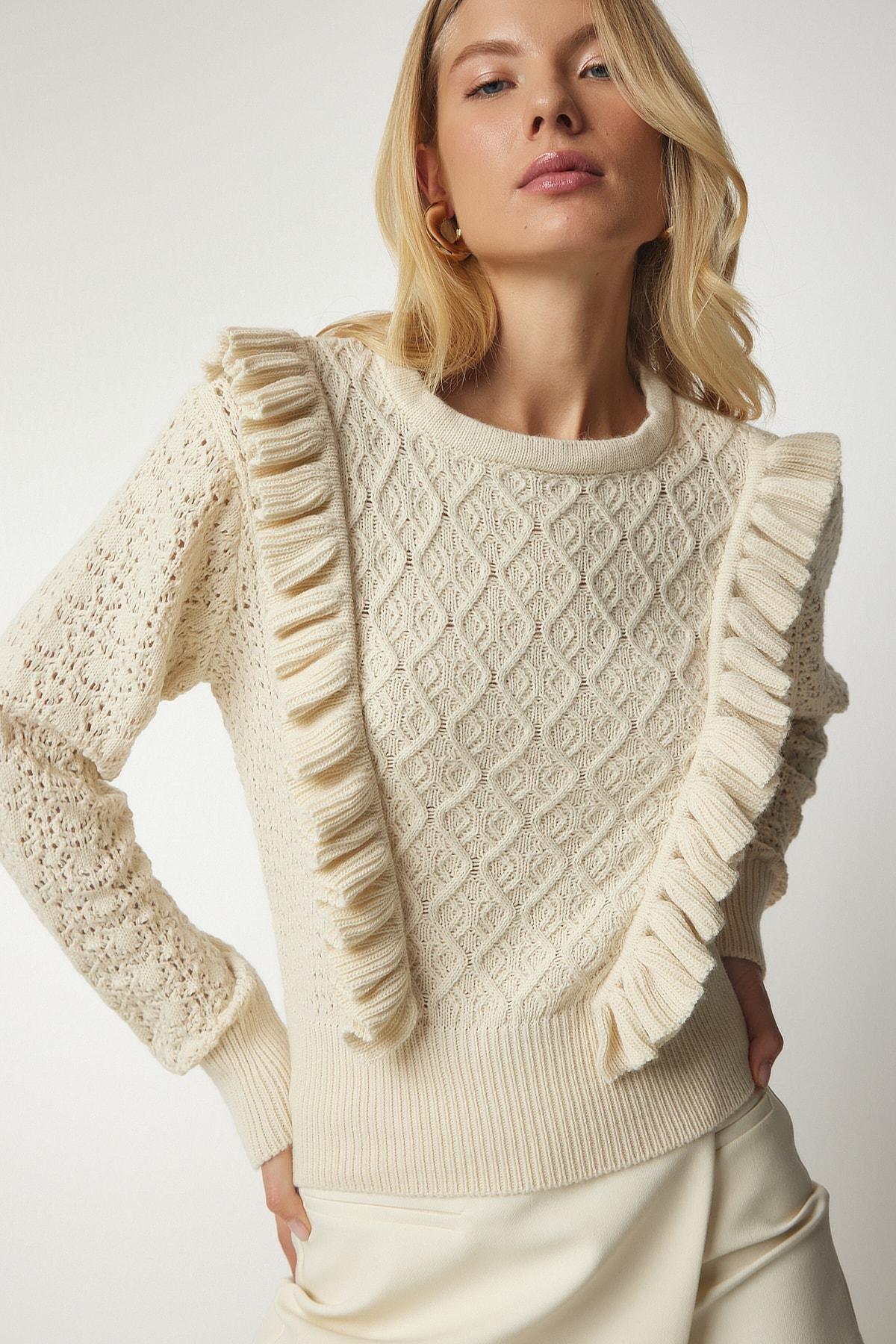 Cream Openwork Frill Detailed Sweater, Cream, large image number 2