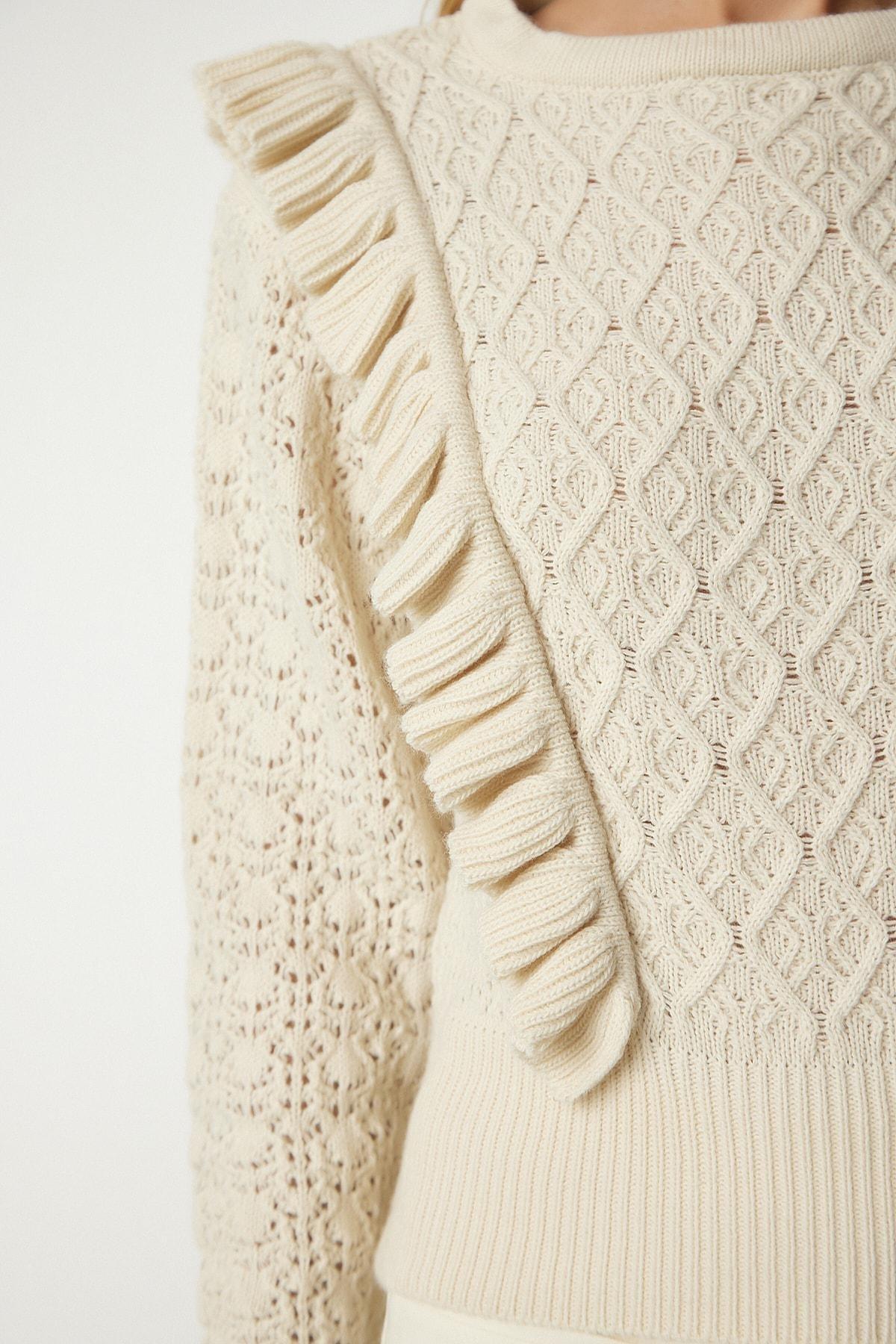 Cream Openwork Frill Detailed Sweater, Cream, large image number 4