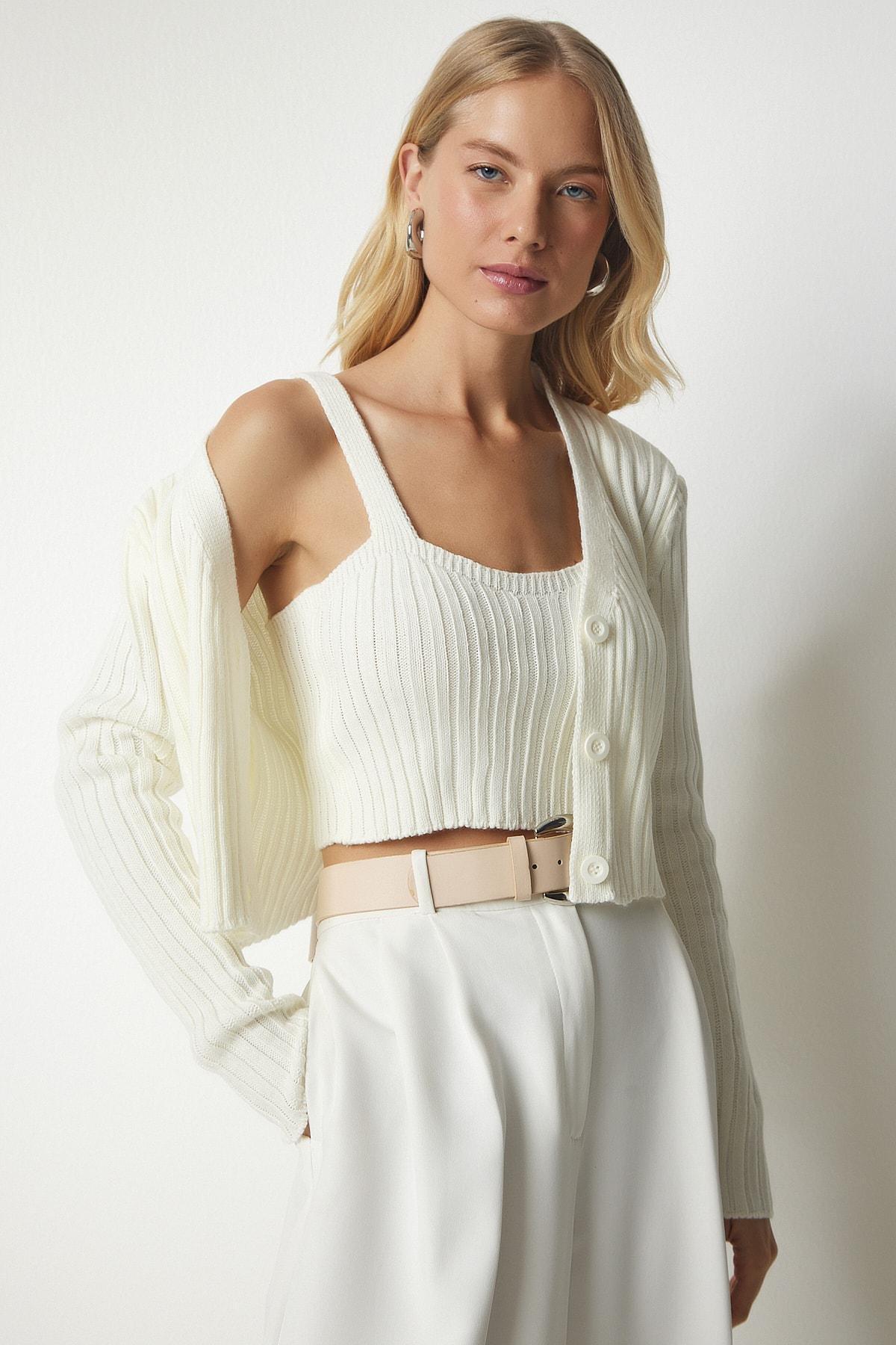 White Knit Sweater Bustier Cardigan Co-Ord Set, Bone, large image number 1