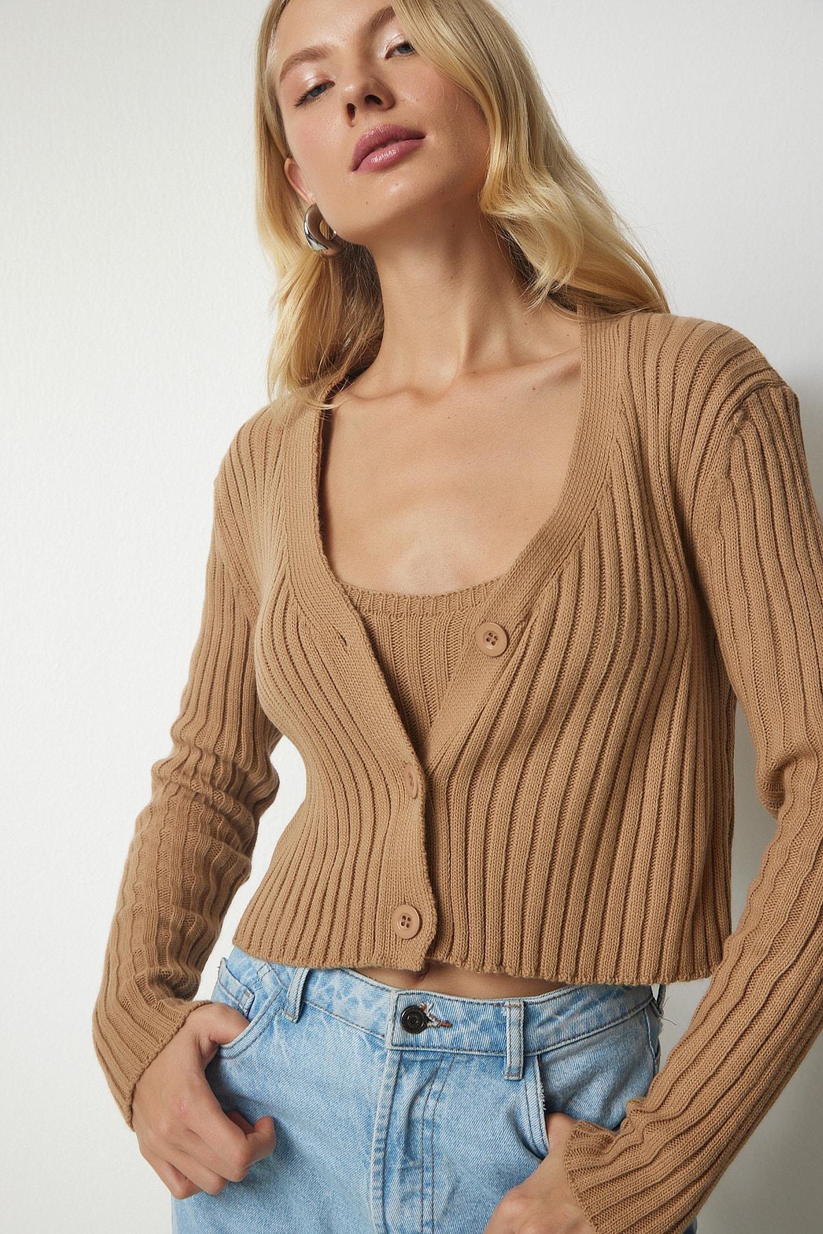 Happiness Istanbul - Beige Knitted Sweater Bustier Cardigan Co-Ord Set