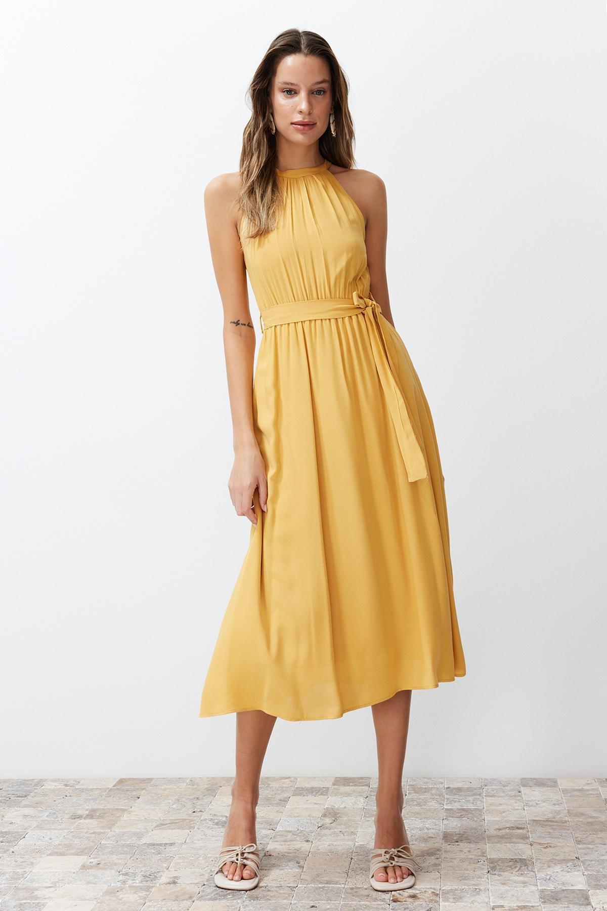 Yellow Belted Halter Neck Dress, Brown, large image number 0