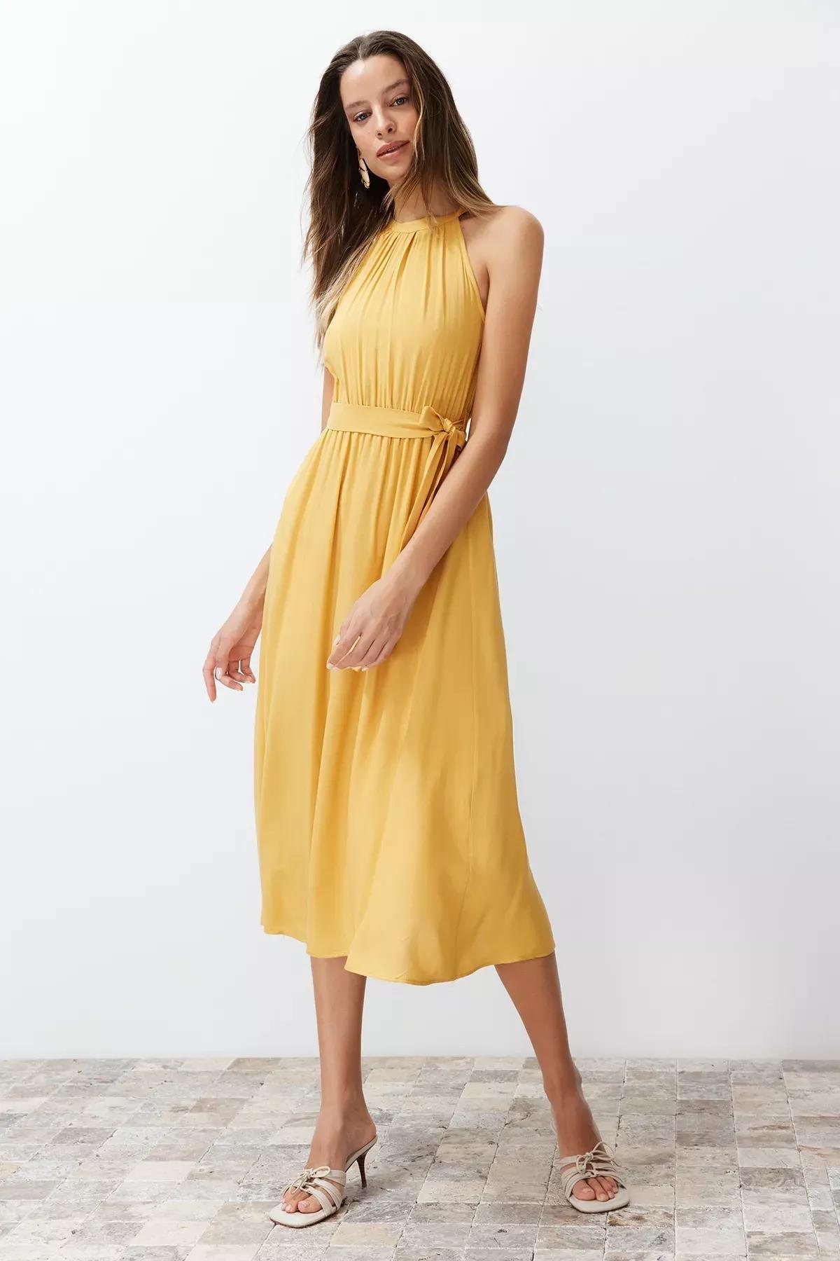 Yellow Belted Halter Neck Dress, Brown, large image number 1