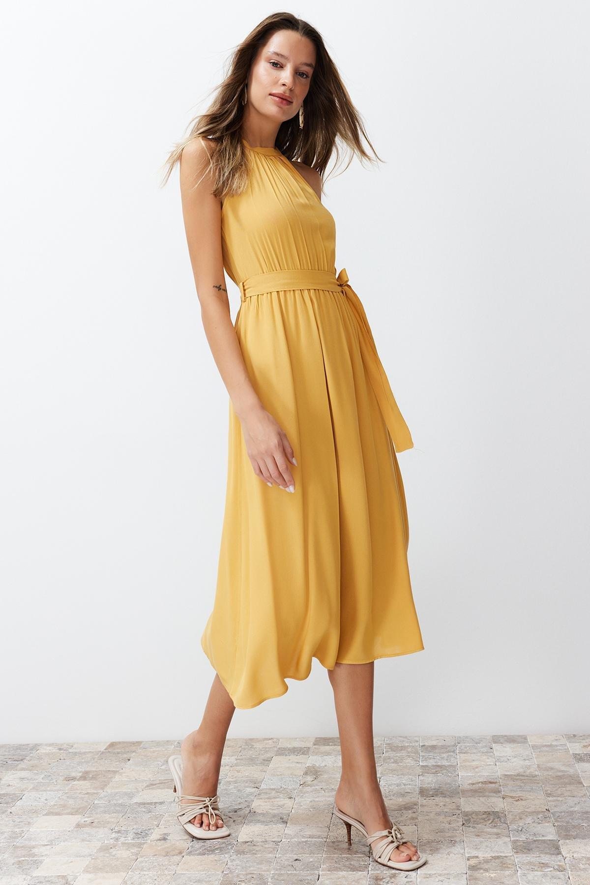 Yellow Belted Halter Neck Dress, Brown, large image number 2