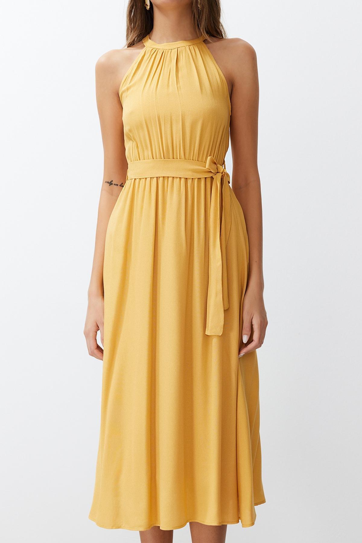 Yellow Belted Halter Neck Dress, Brown, large image number 4