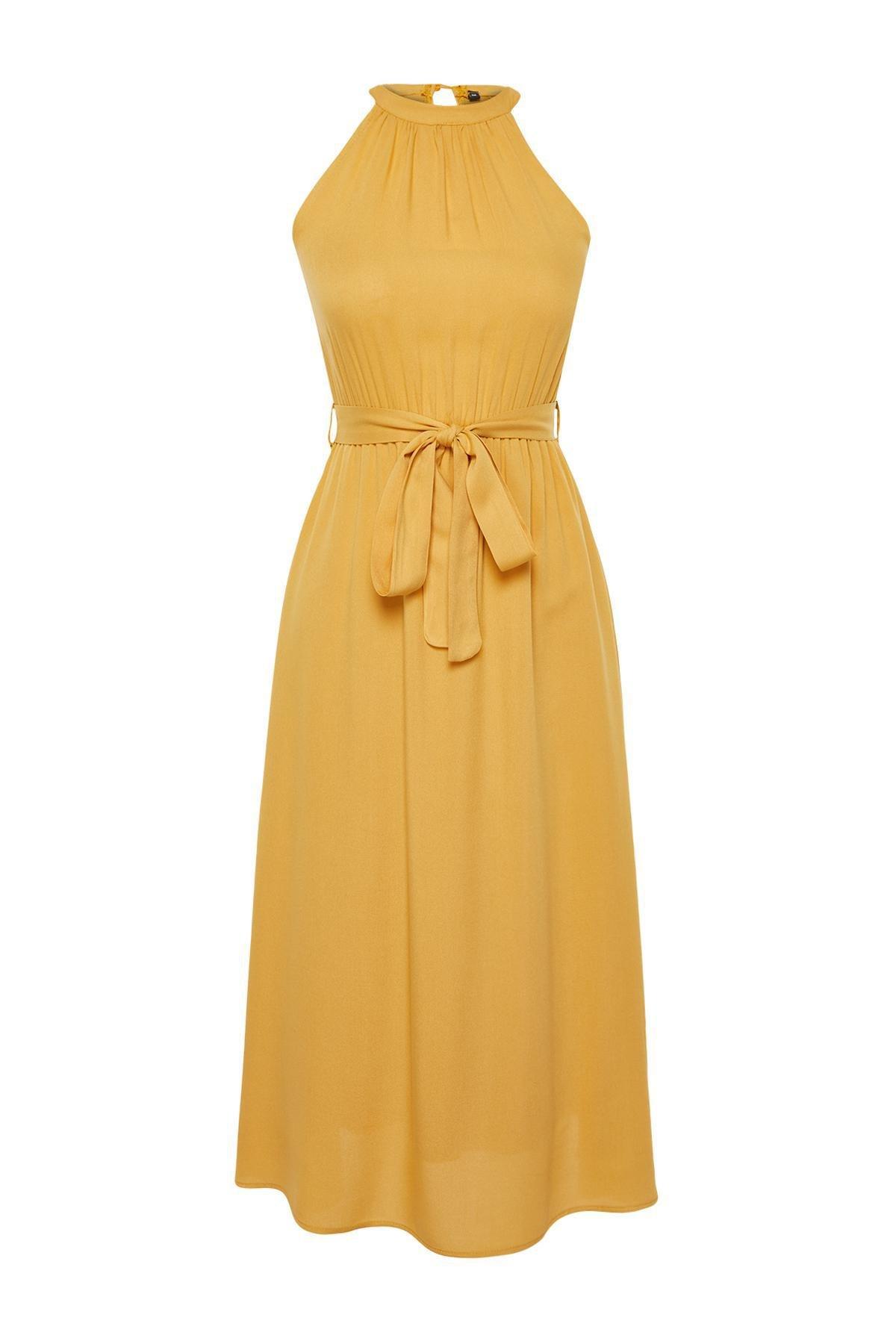Yellow Belted Halter Neck Dress, Brown, large image number 5