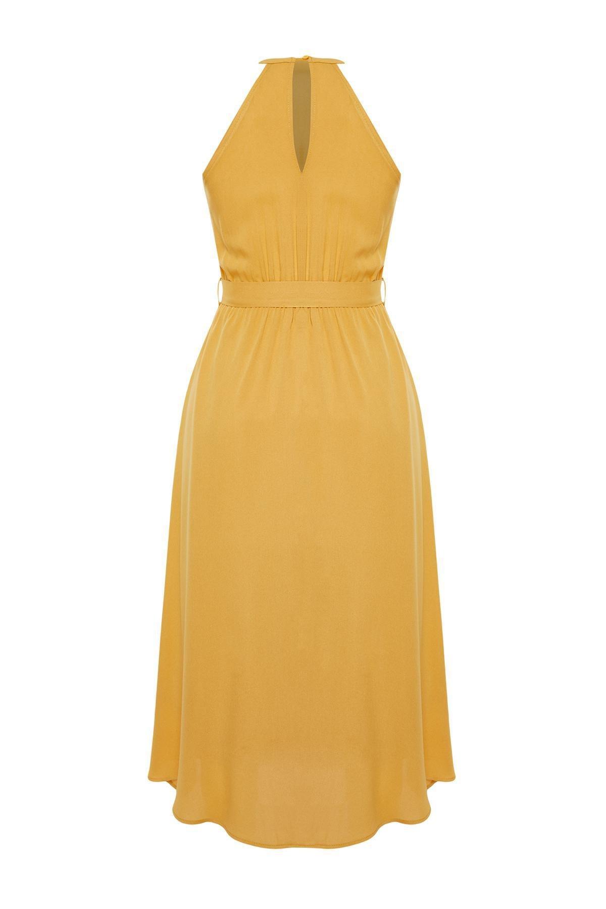 Yellow Belted Halter Neck Dress, Brown, large image number 6