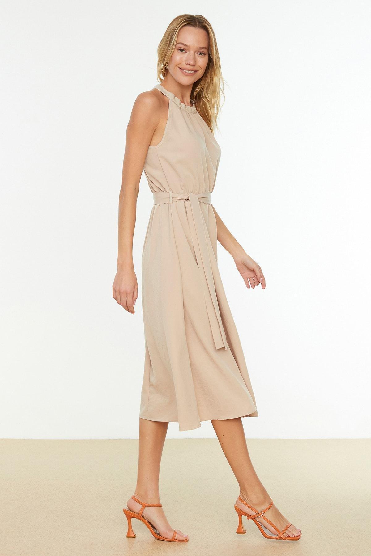 Beige Belted Midi Dress, , large image number 1