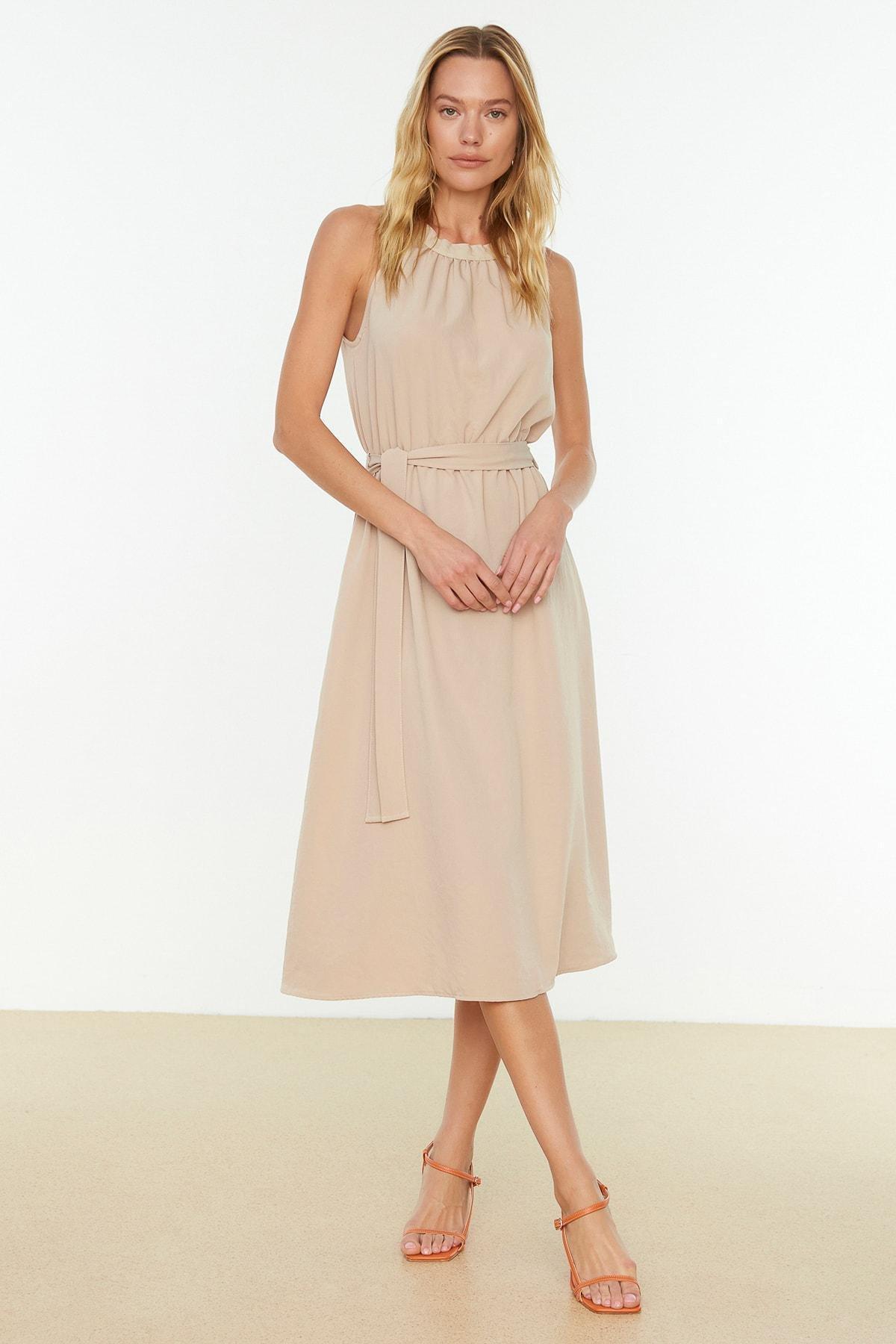 Beige Belted Midi Dress, , large image number 3