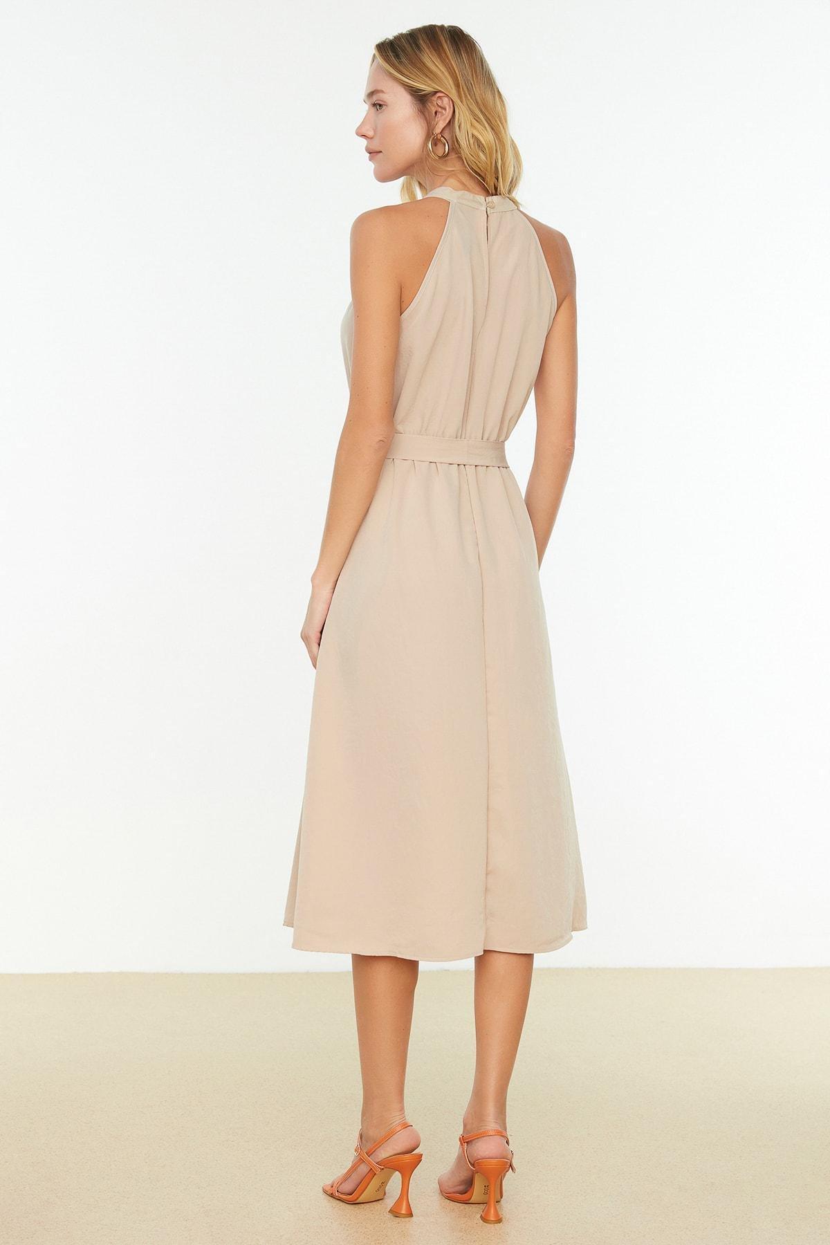 Beige Belted Midi Dress, , large image number 4