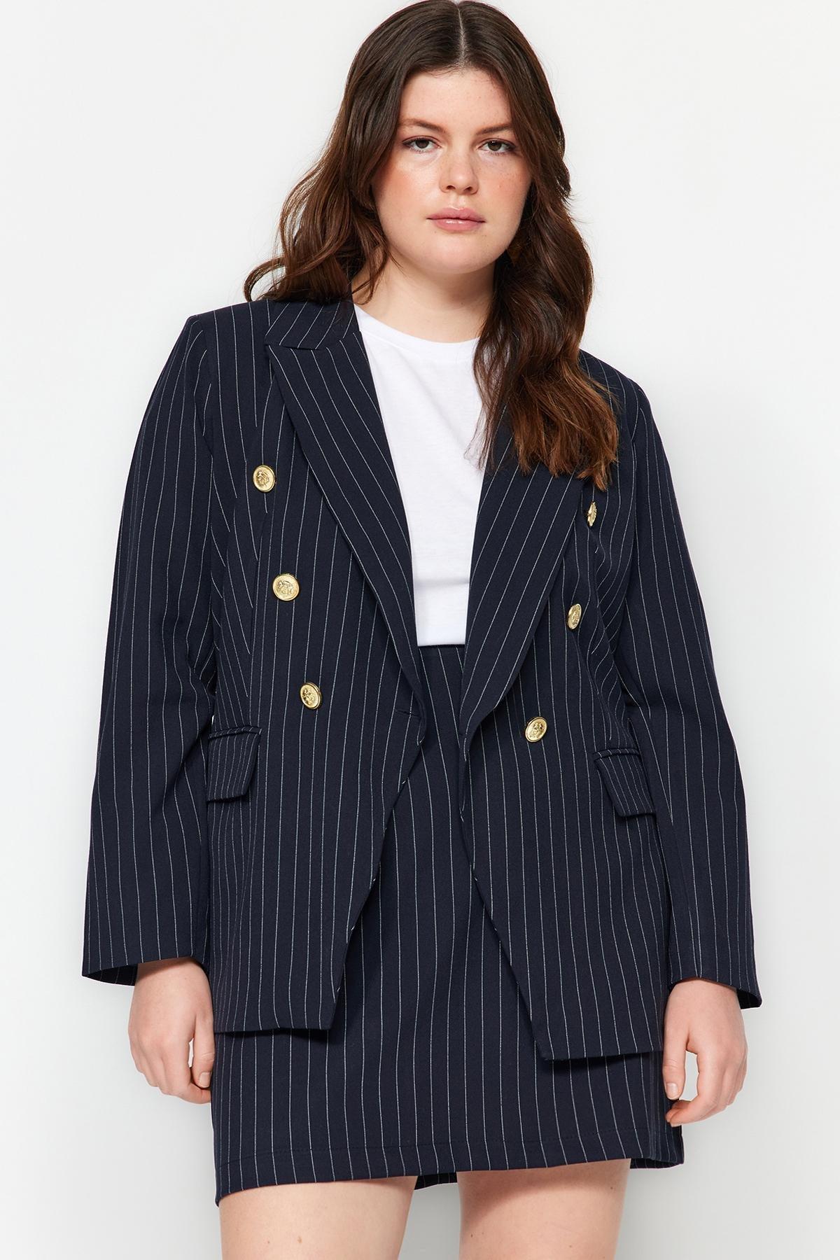 Navy Striped Detailed Jacket, , large image number 1