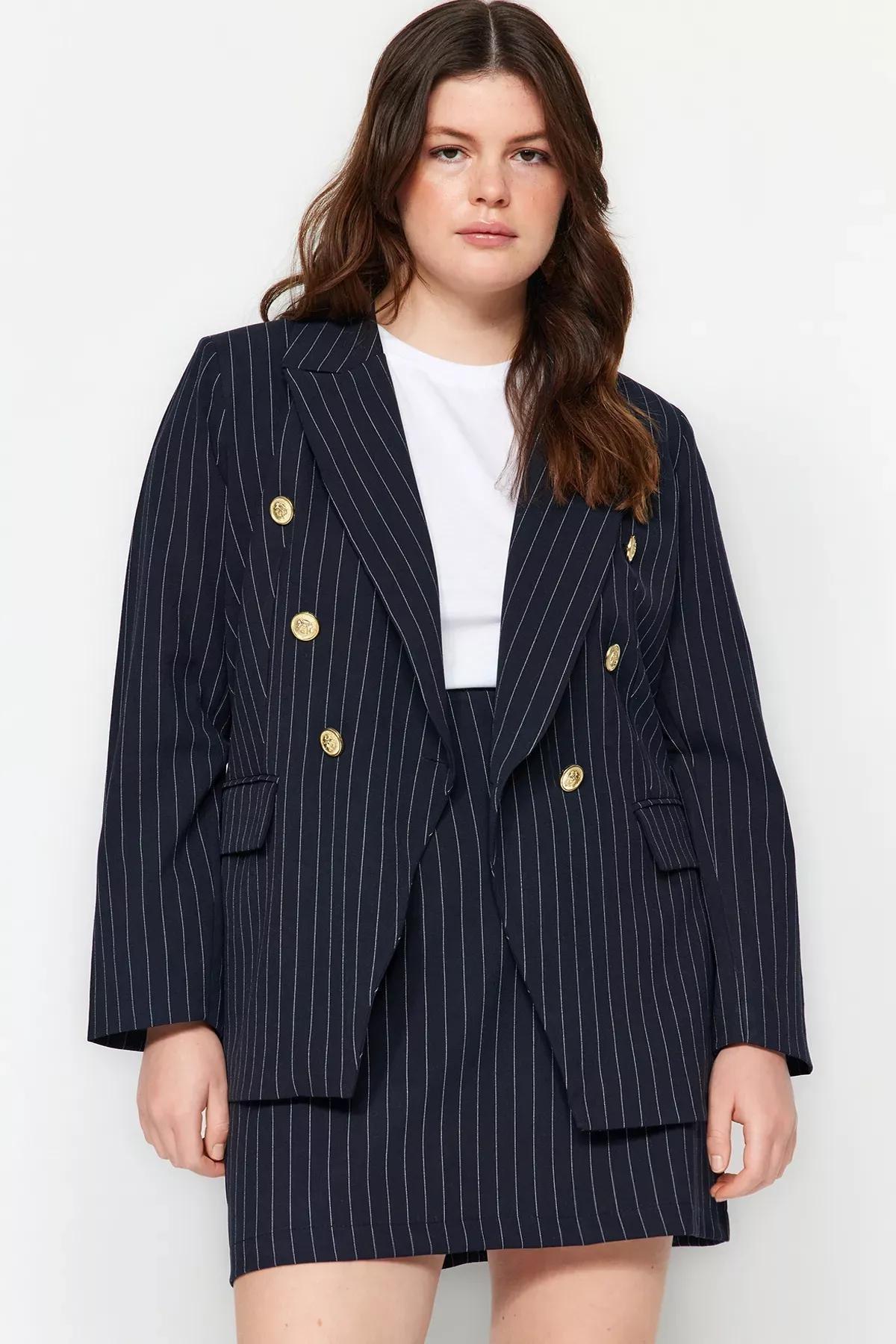 Navy Striped Detailed Jacket, , large image number 1