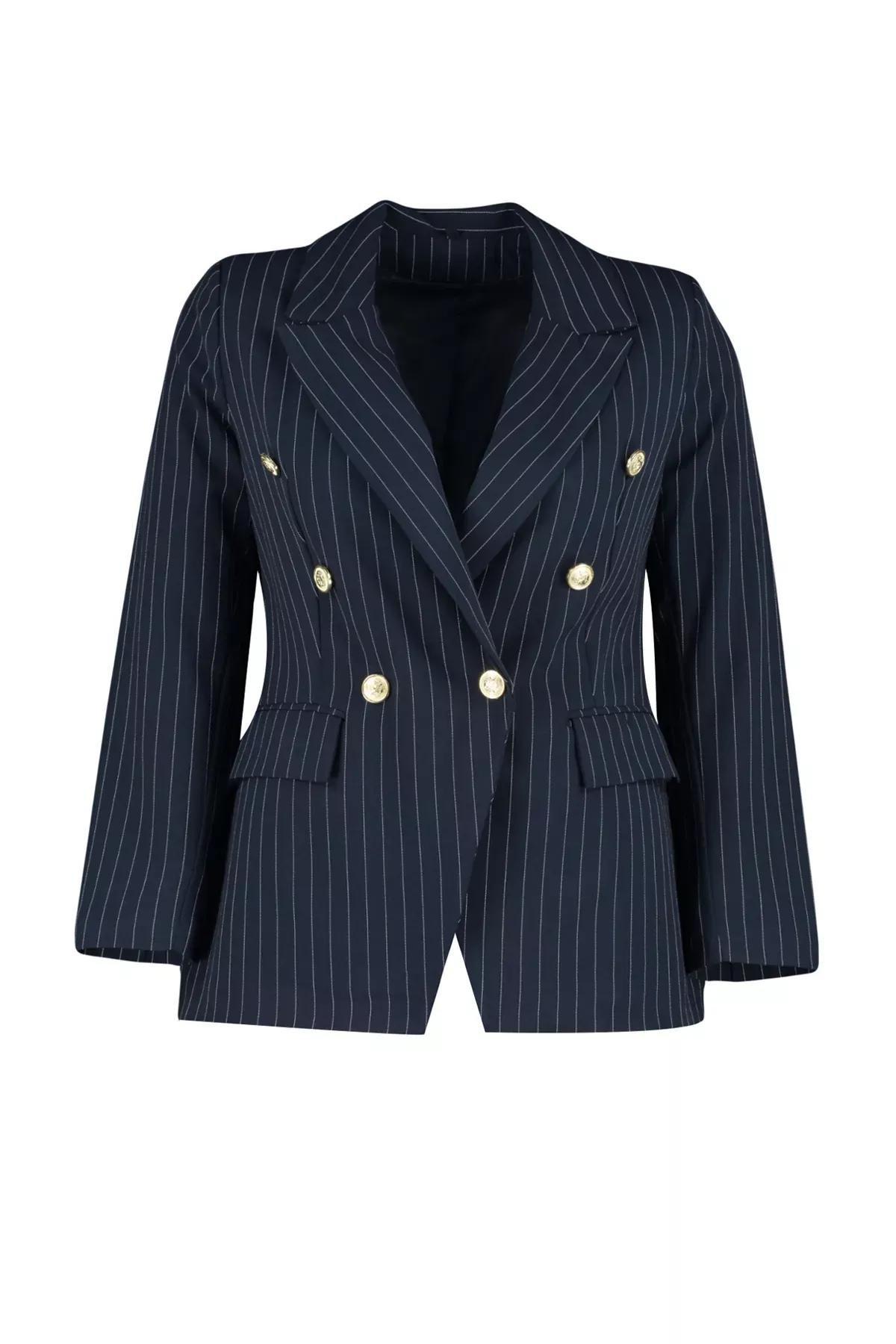 Navy Striped Detailed Jacket, , large image number 4