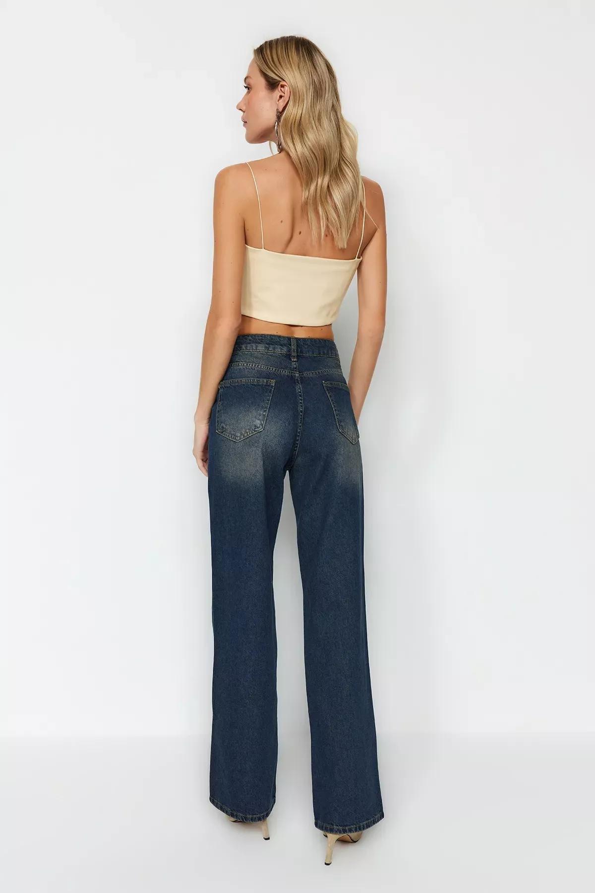 Blue High Waist Wide Leg Jeans, DARK BLUE, large image number 5