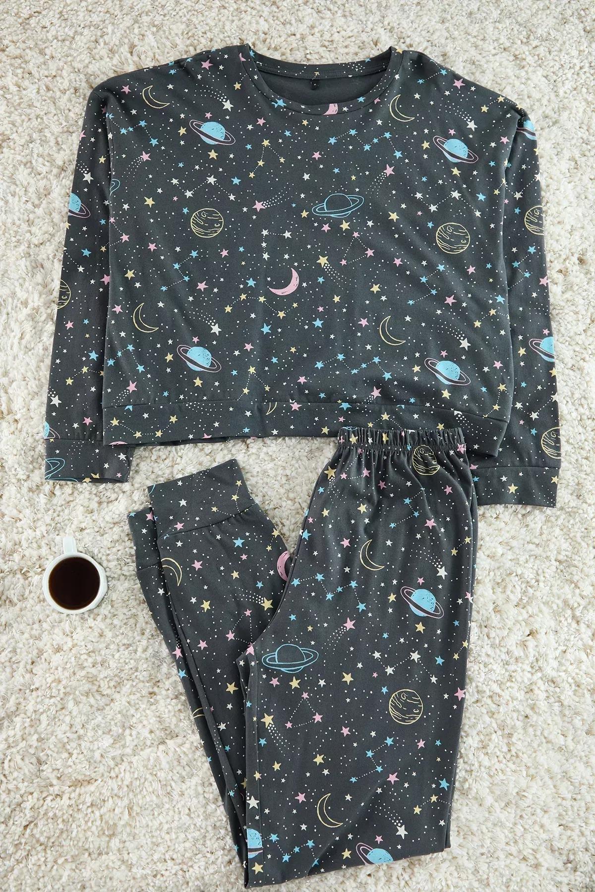 Grey Galaxy Patterned Knitted Pyjamas Set, , large image number 0