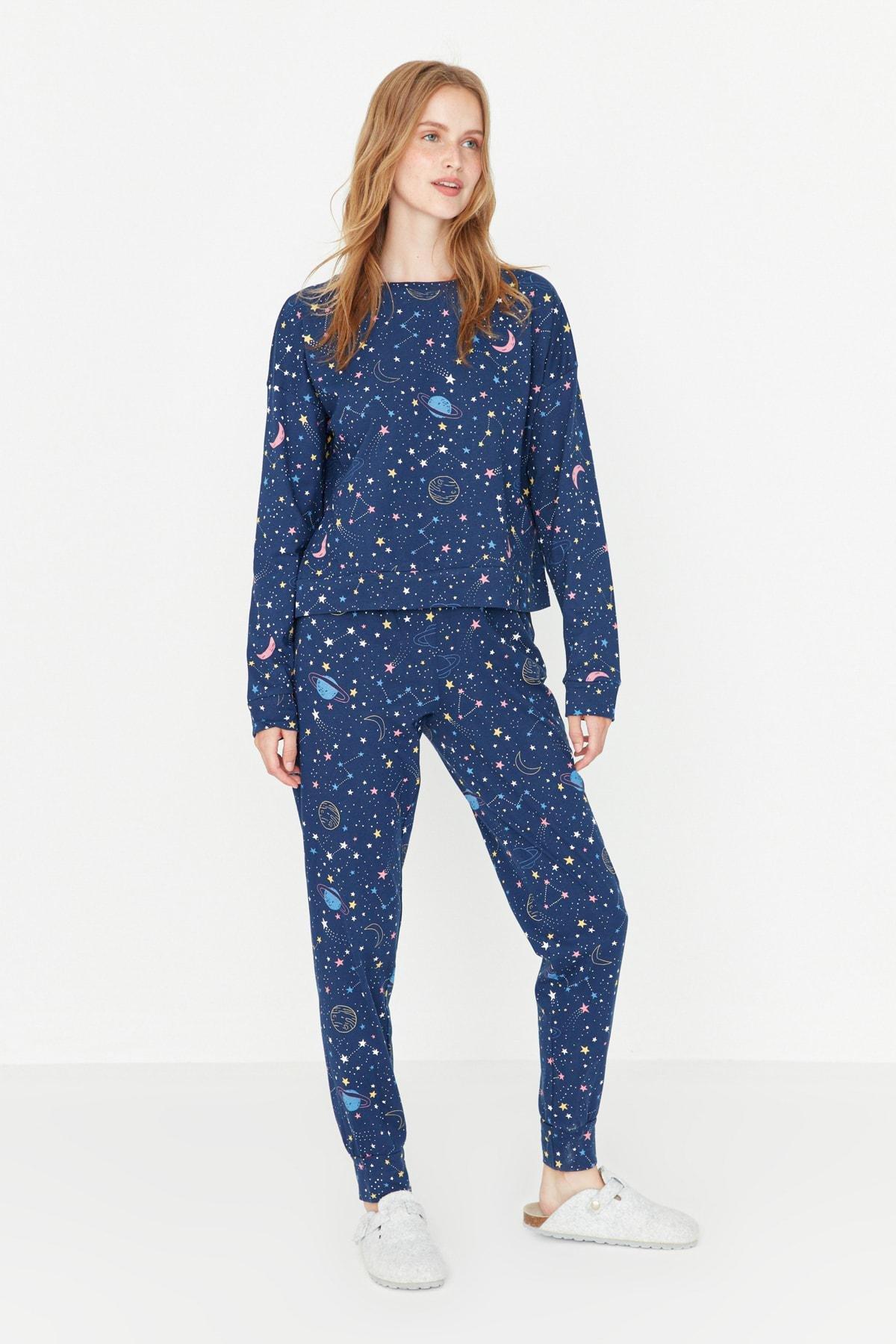 Navy Geometric Pattern Pajama Set, Dark blue, medium
